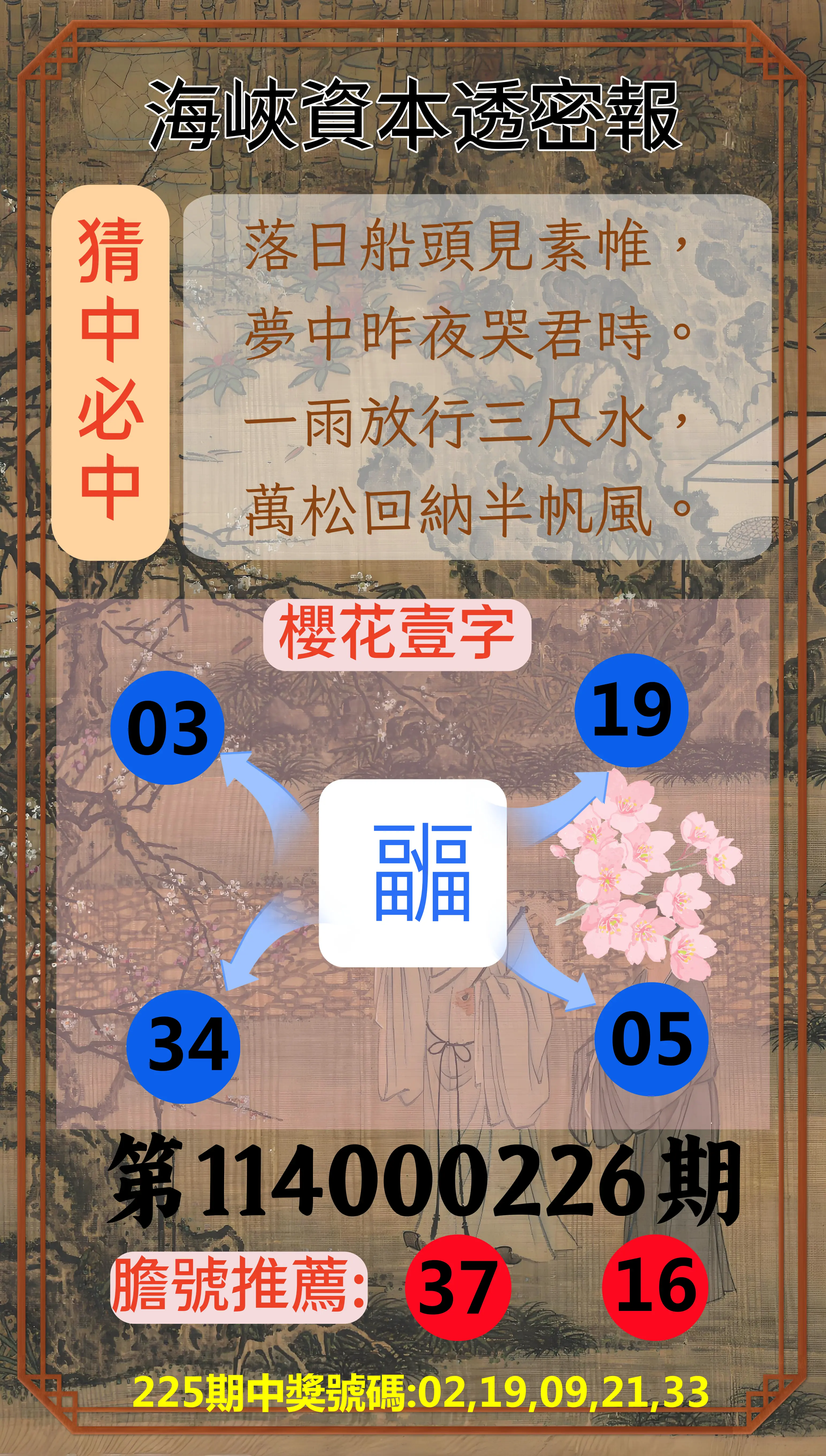 今彩539第114000226期(09/17)海峽資本透密報