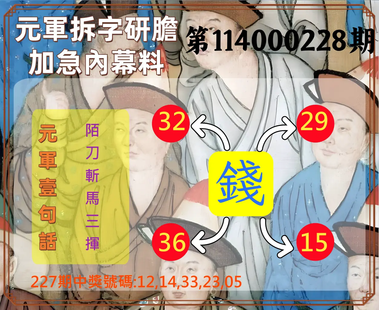 今彩539第114000228期(09/19)元軍拆字研膽加急內幕料