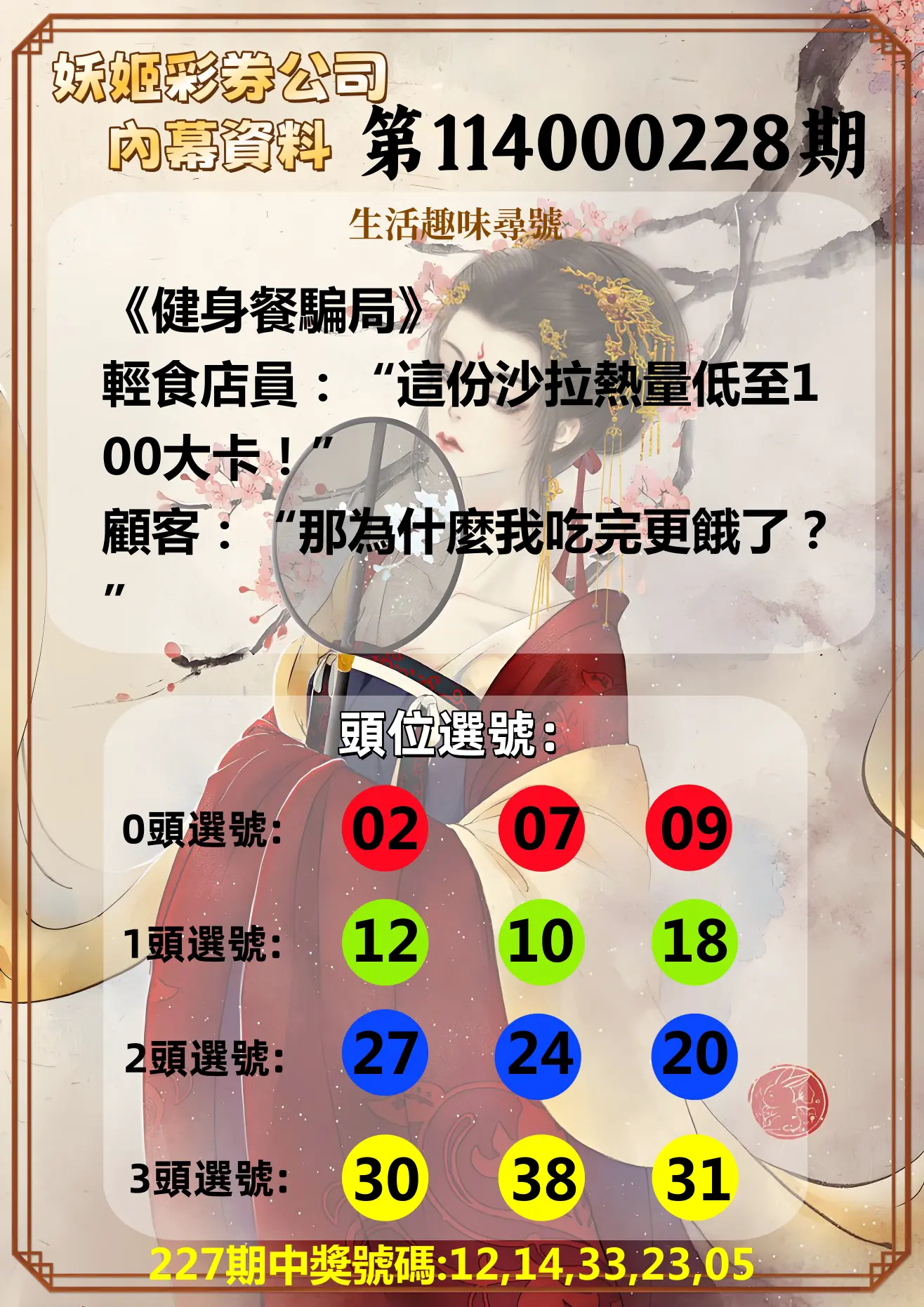 今彩539第114000228期(09/19)妖姬彩券公司內幕資料