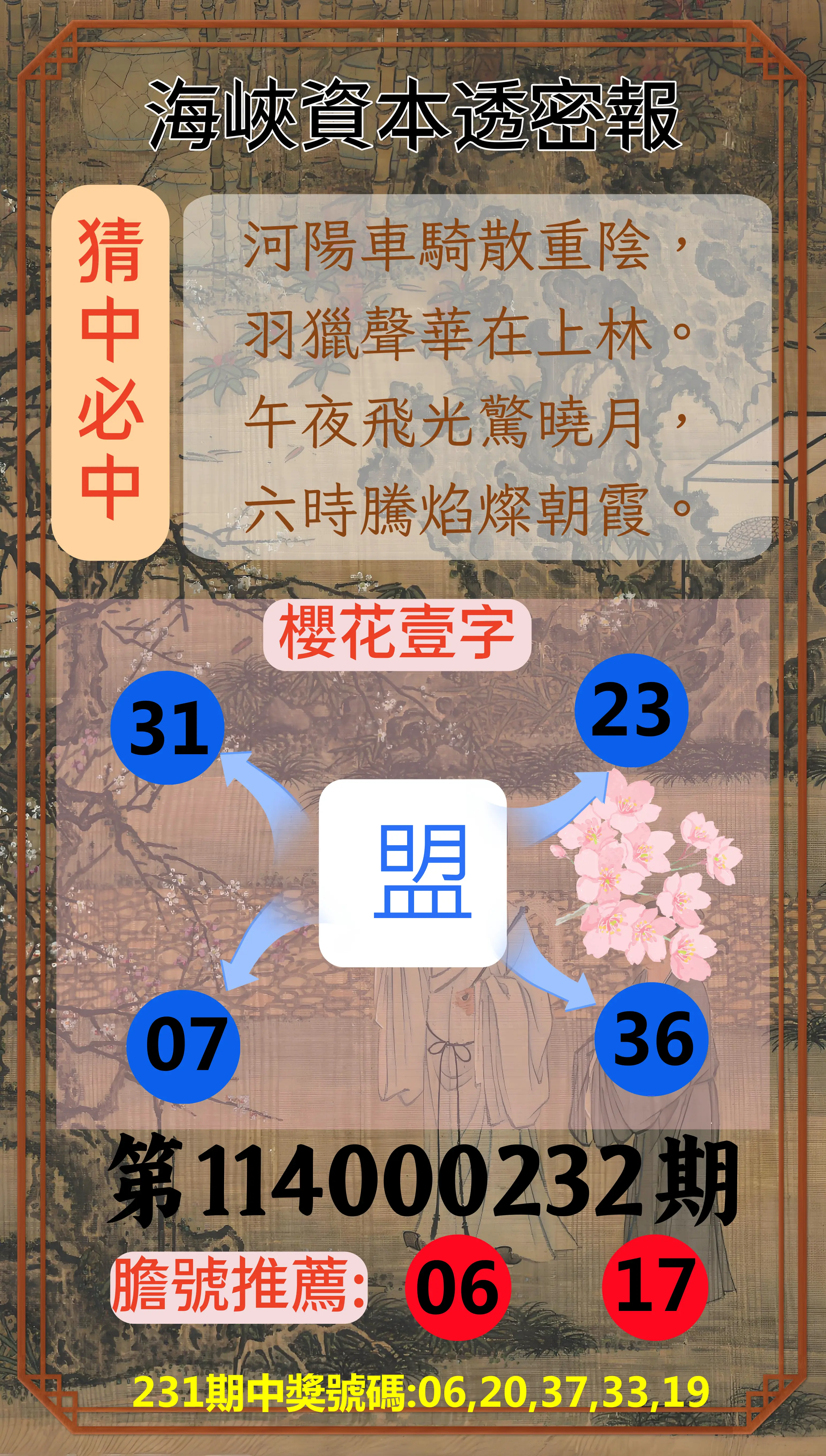 今彩539第114000232期(09/24)海峽資本透密報