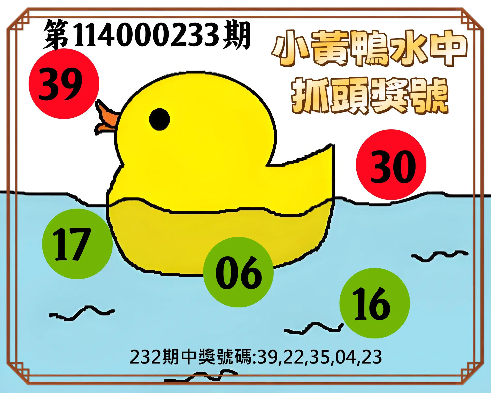 今彩539第114000233期(09/25)小黃鴨水中抓頭獎號