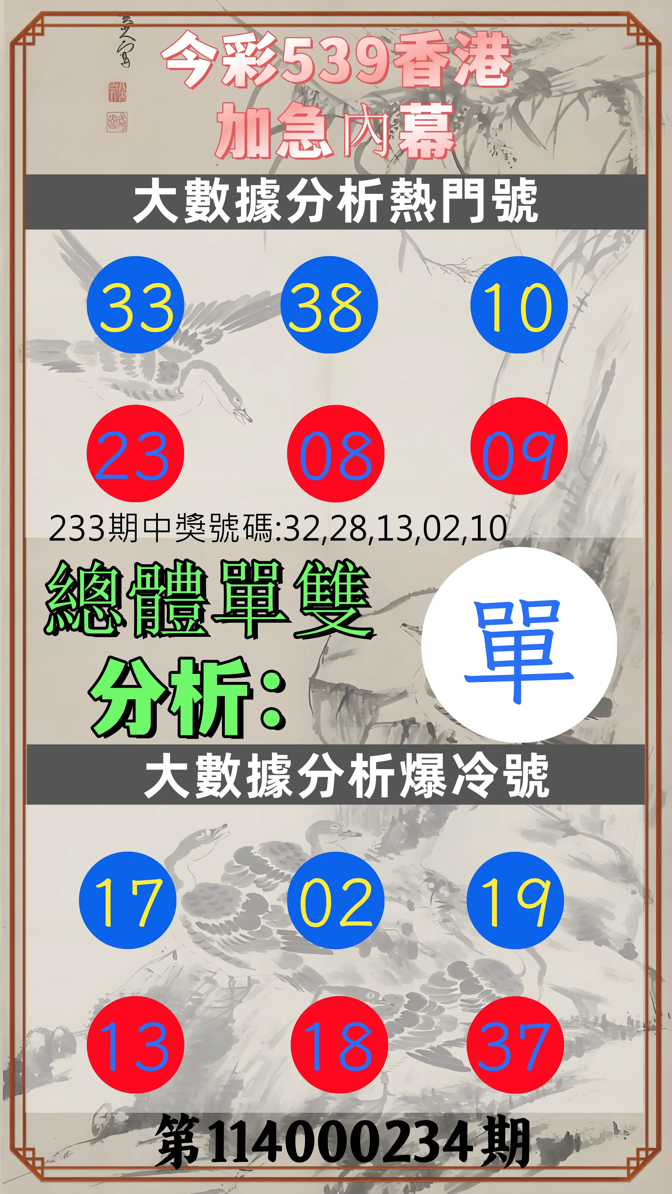 今彩539第114000234期(09/26)今彩539香港加急內幕