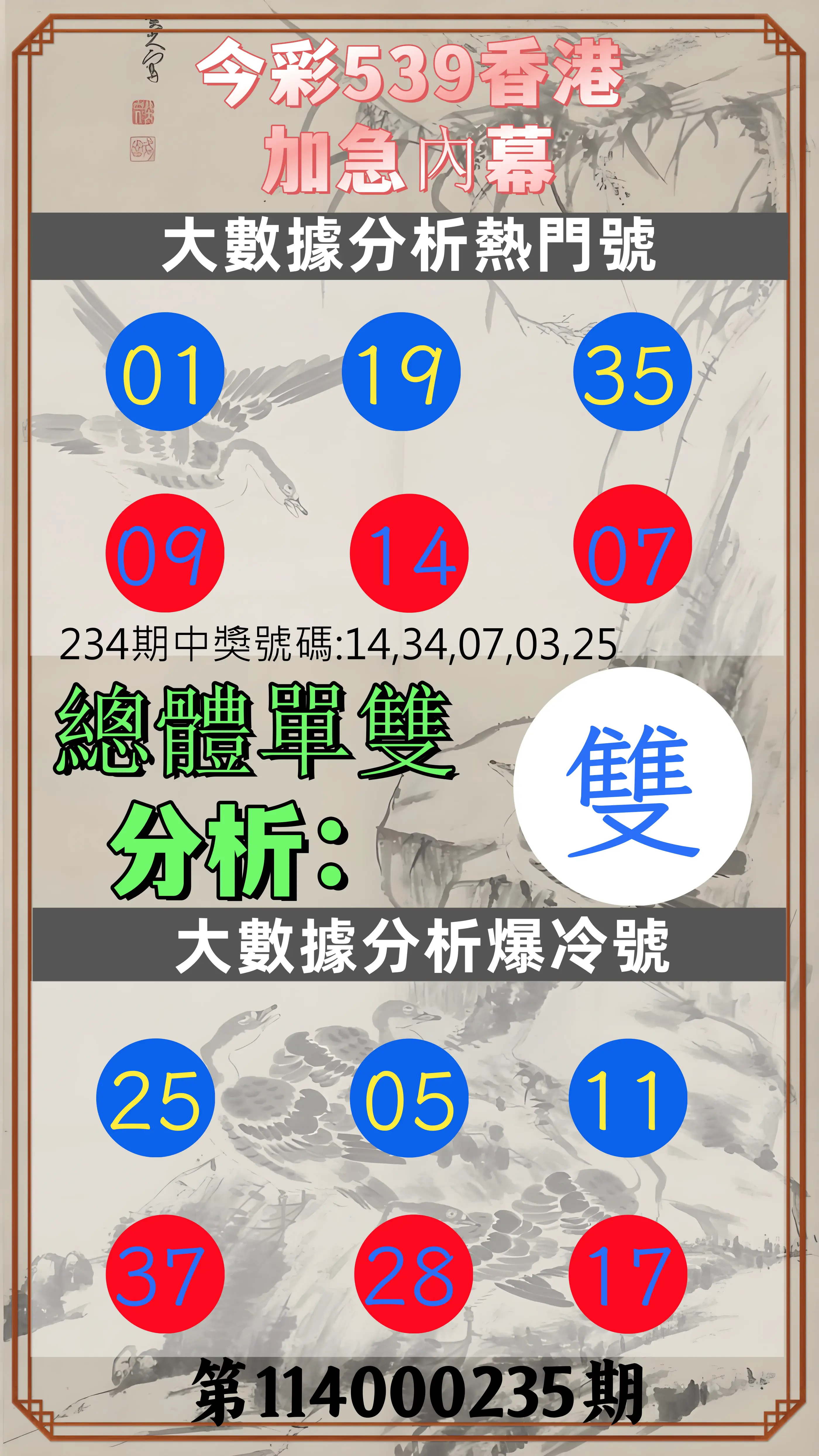 今彩539第114000235期(09/27)今彩539香港加急內幕