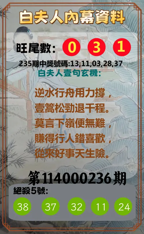 今彩539第114000236期(09/29)白夫人內幕資料