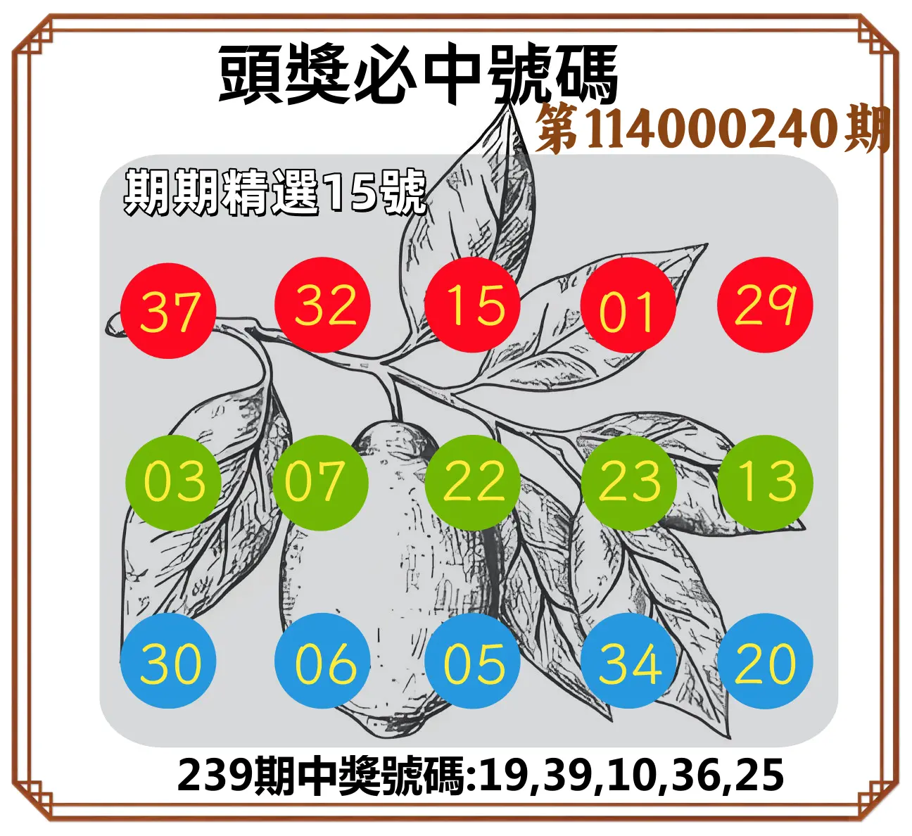 今彩539第114000240期(10/03)頭獎號碼