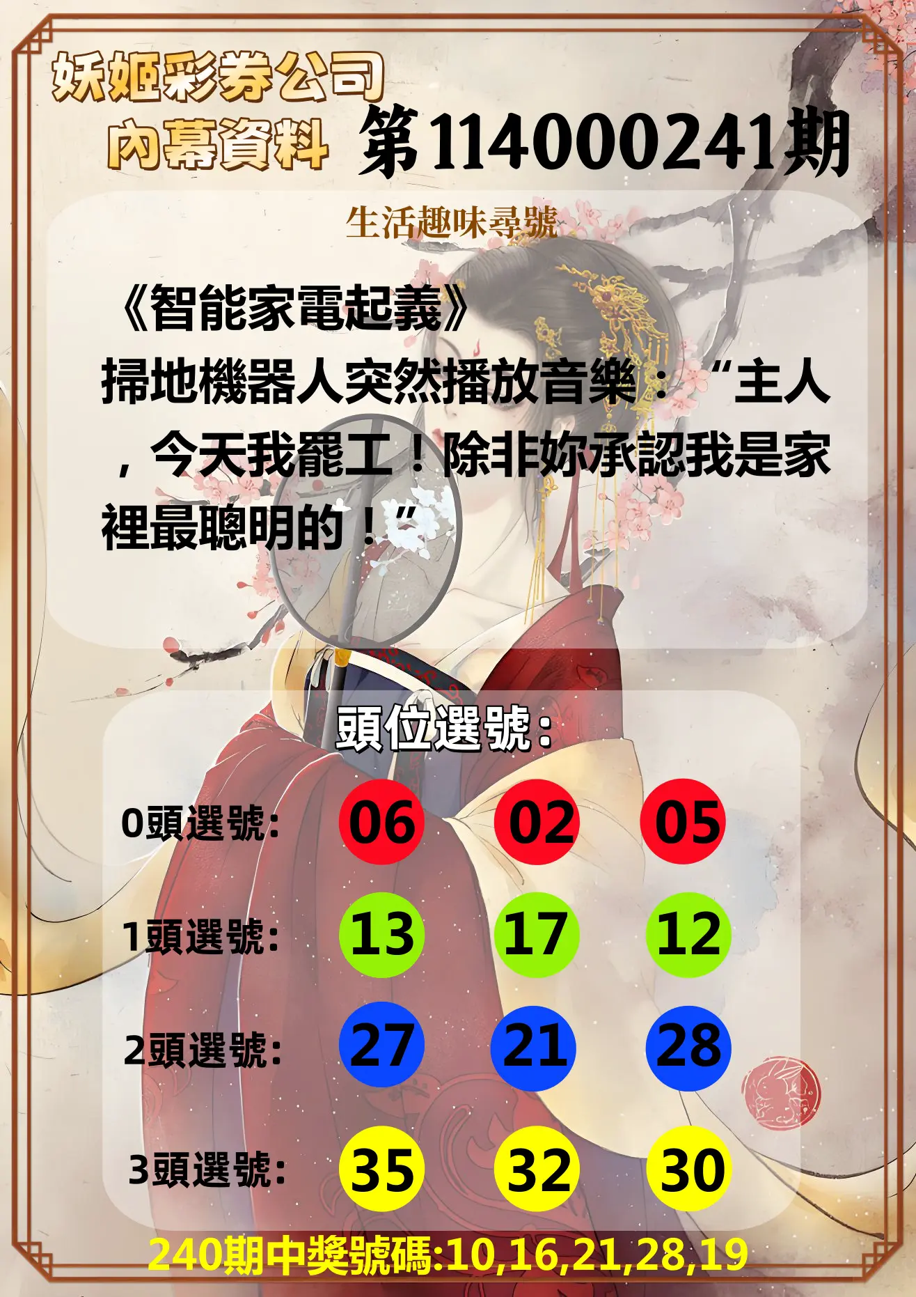 今彩539第114000241期(10/04)妖姬彩券公司內幕資料