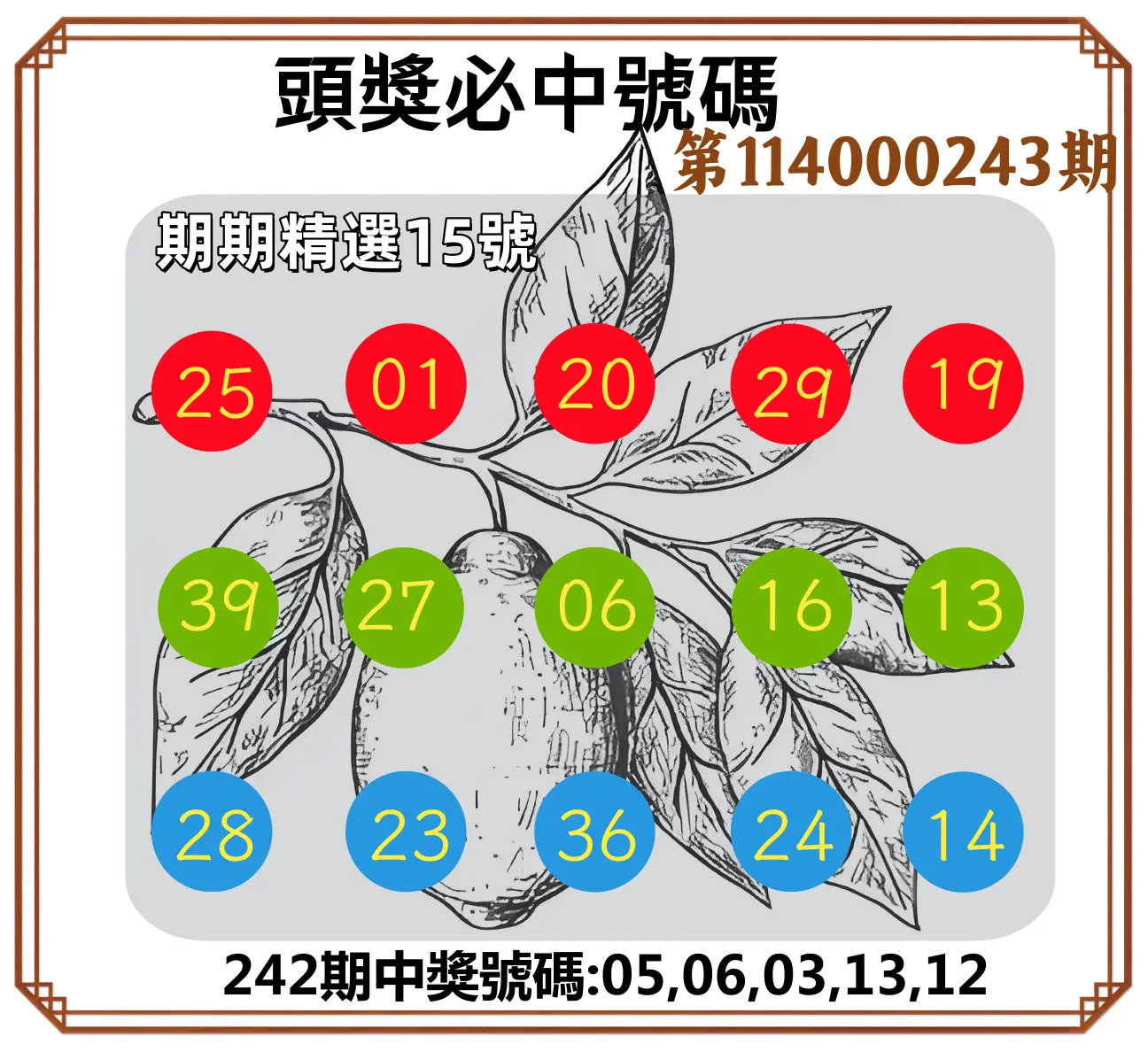 今彩539第114000243期(10/07)頭獎號碼