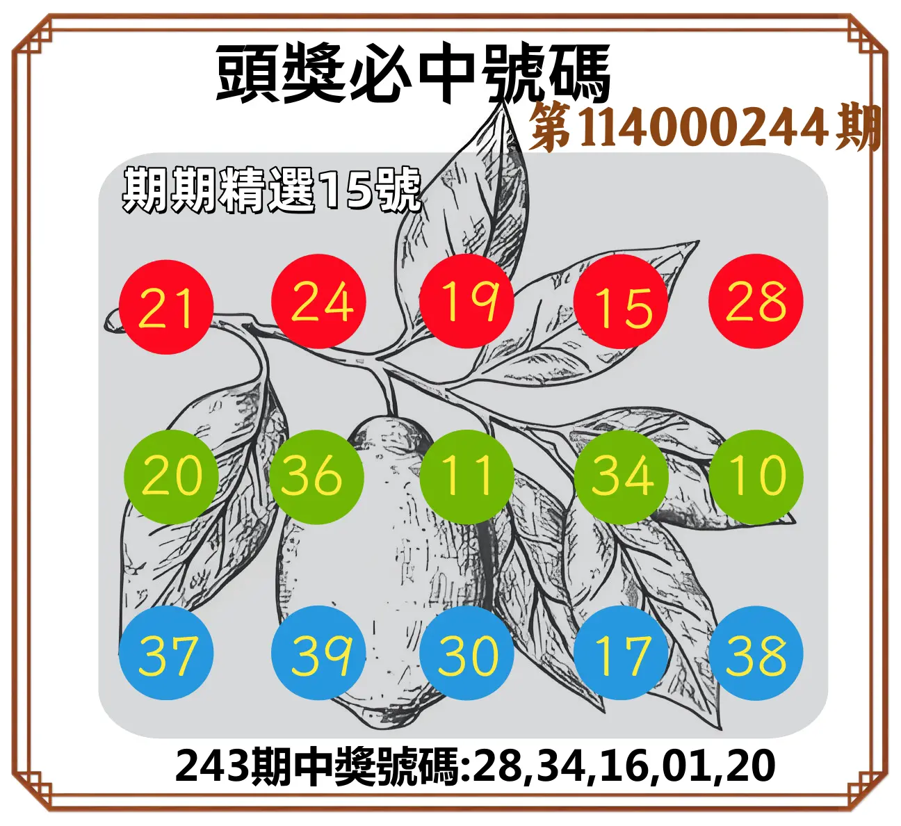 今彩539第114000244期(10/08)頭獎號碼