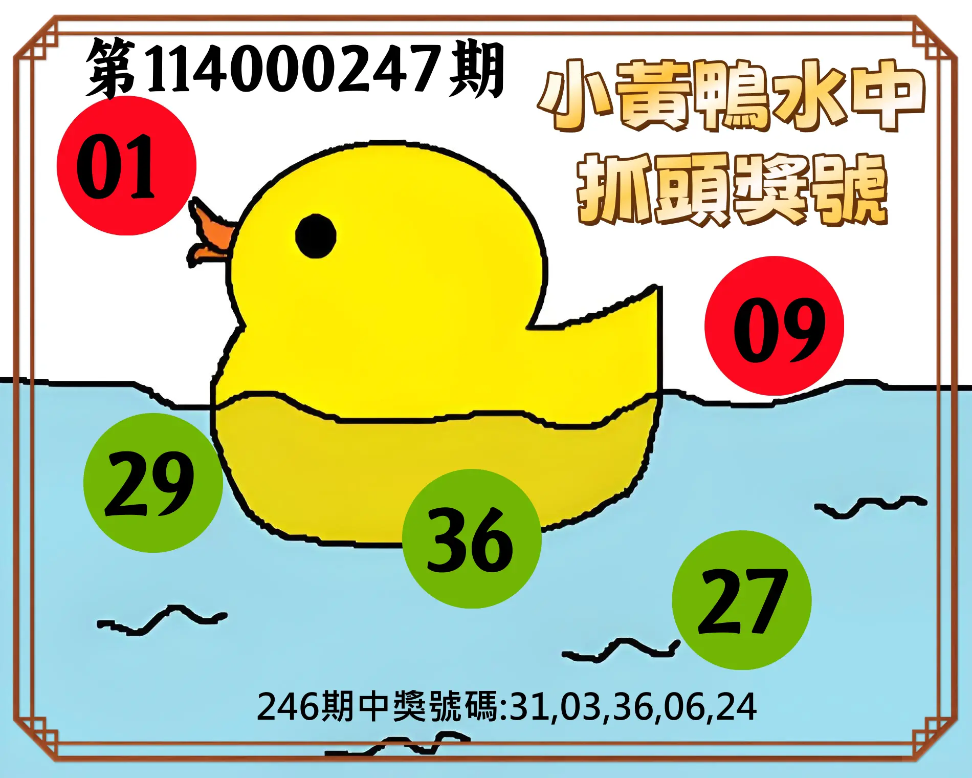 今彩539第114000247期(10/11)小黃鴨水中抓頭獎號