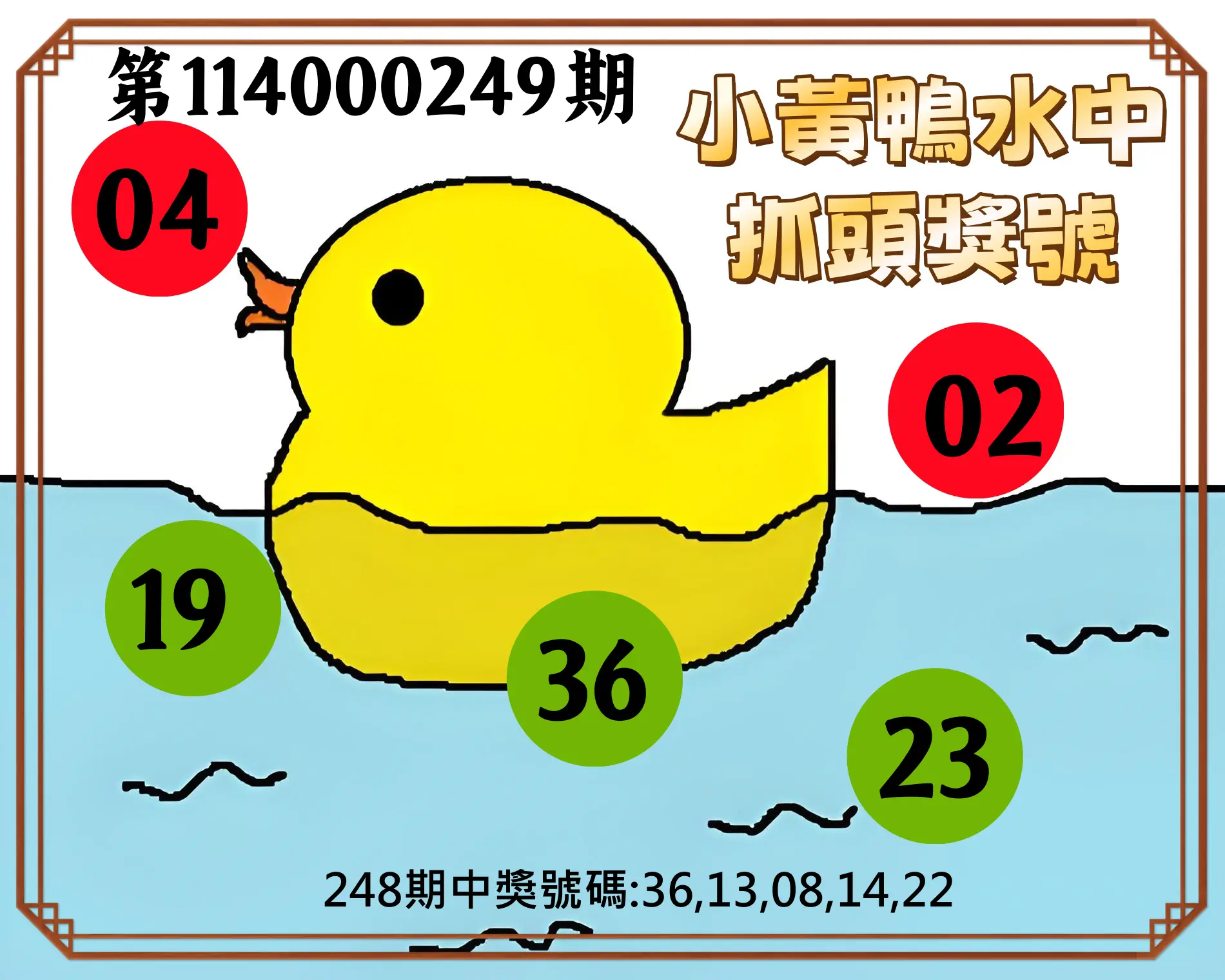 今彩539第114000249期(10/14)小黃鴨水中抓頭獎號