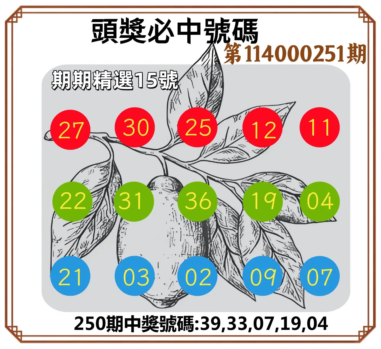 今彩539第114000251期(10/16)頭獎號碼