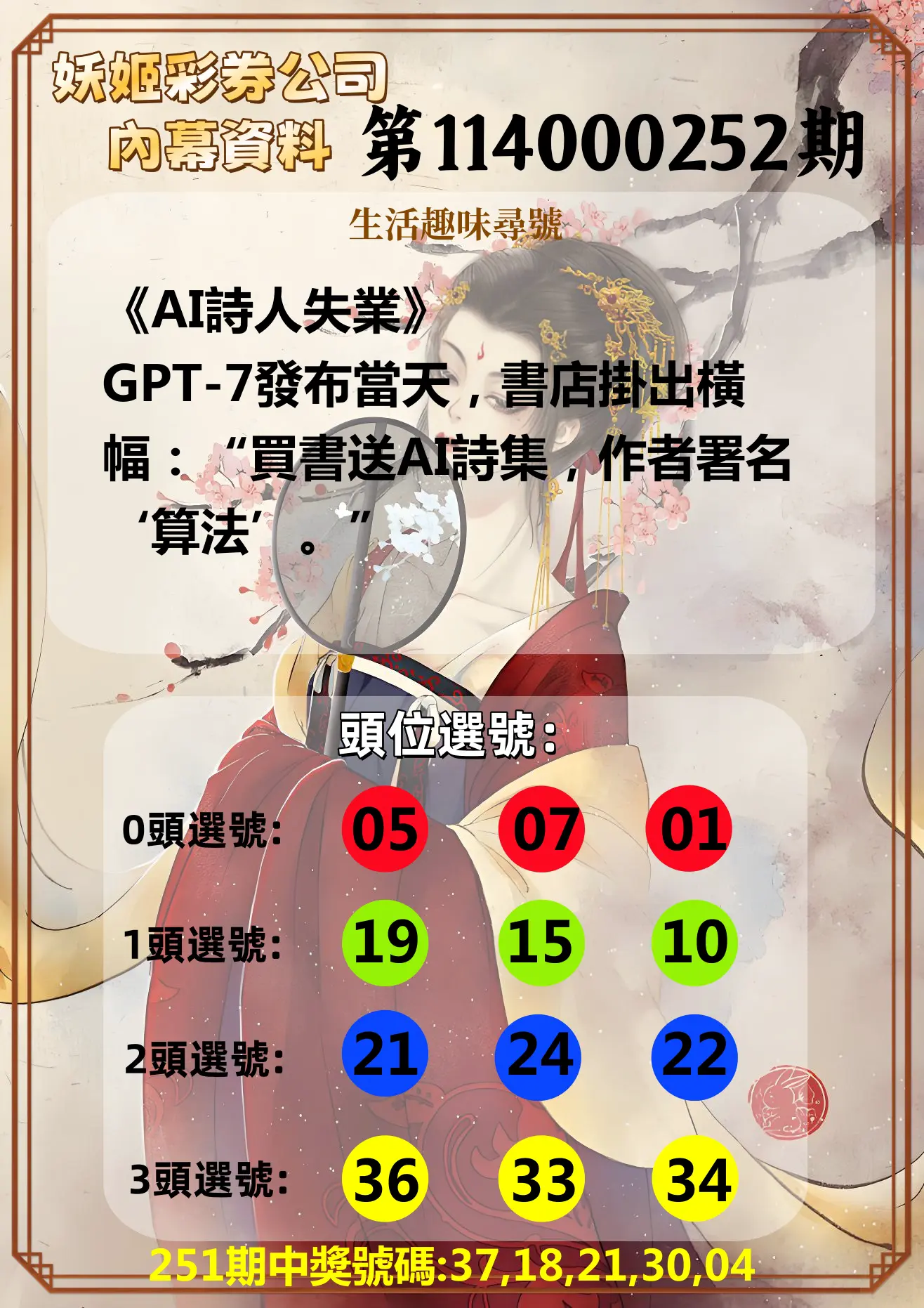 今彩539第114000252期(10/17)妖姬彩券公司內幕資料