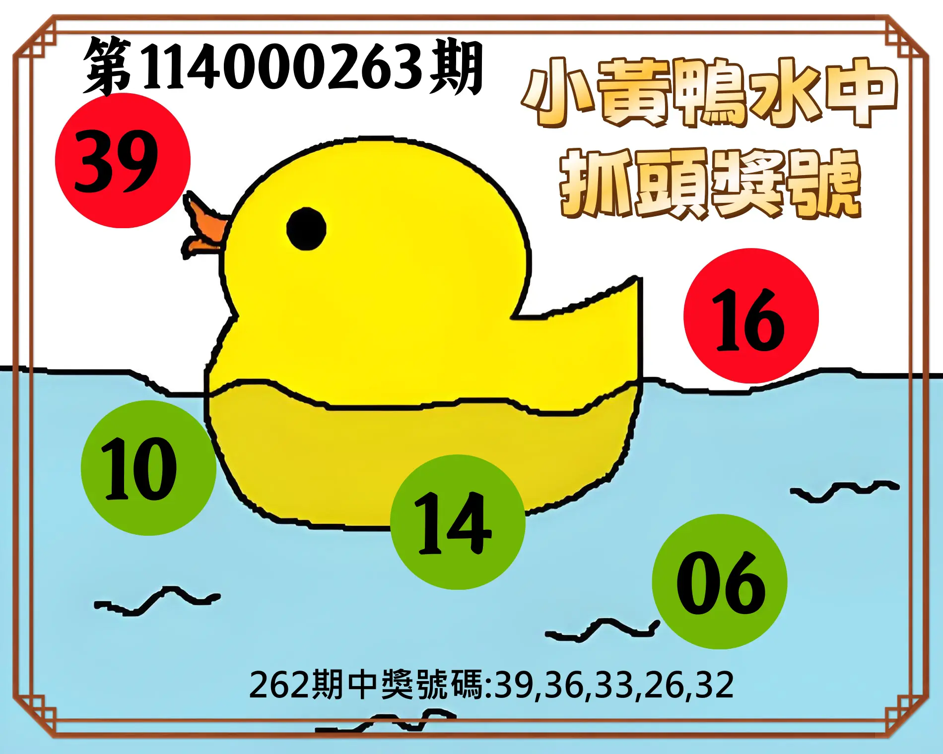 今彩539第114000263期(10/30)小黃鴨水中抓頭獎號