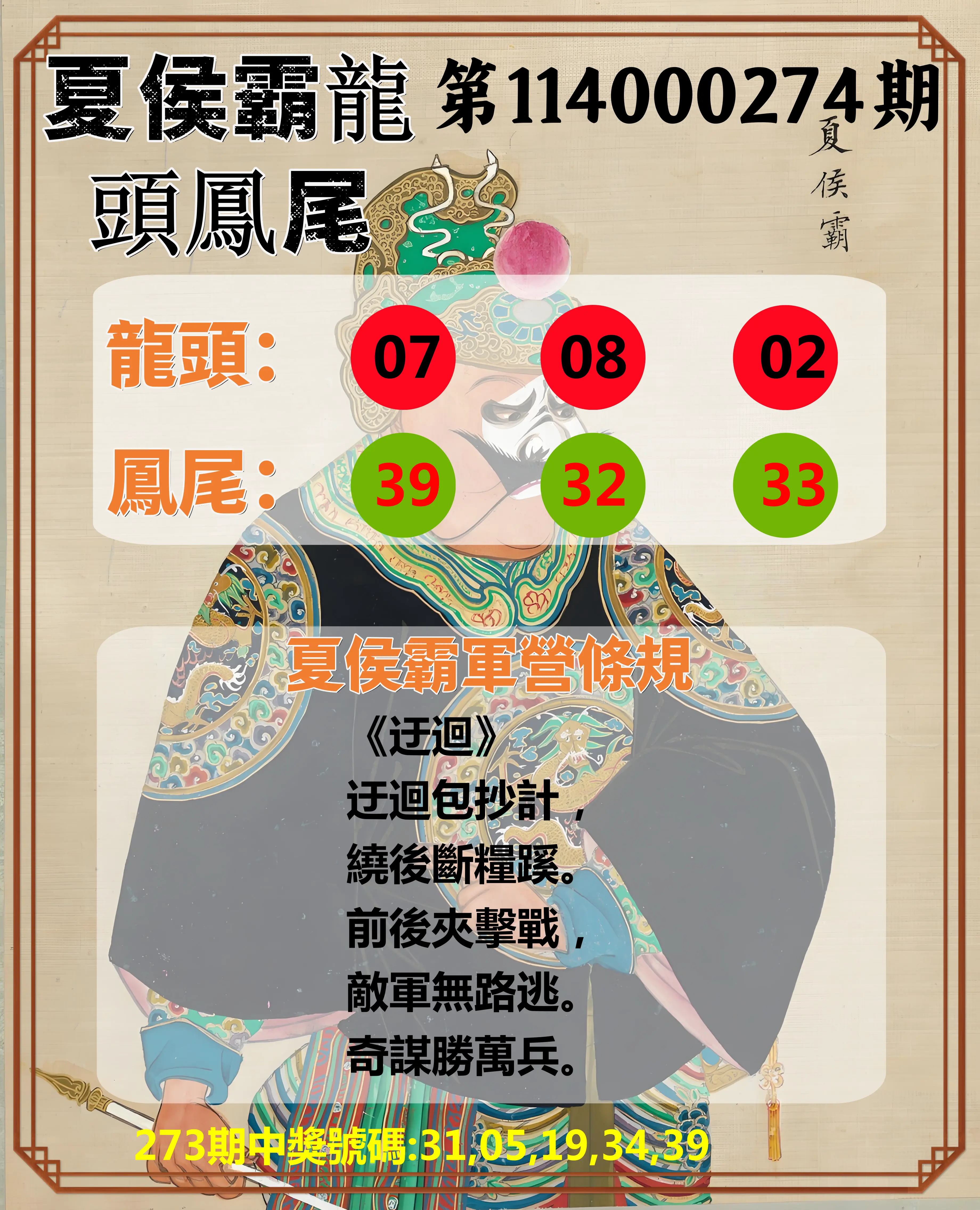 今彩539第114000274期(11/12)夏侯霸龍頭鳳尾