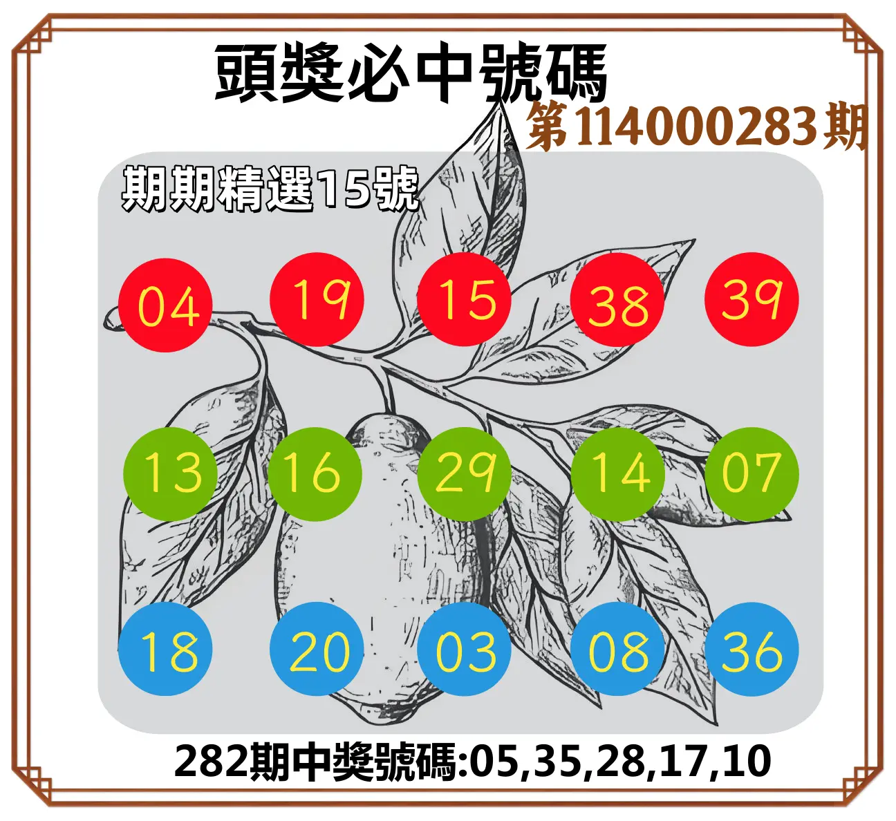 今彩539第114000283期(11/22)頭獎號碼