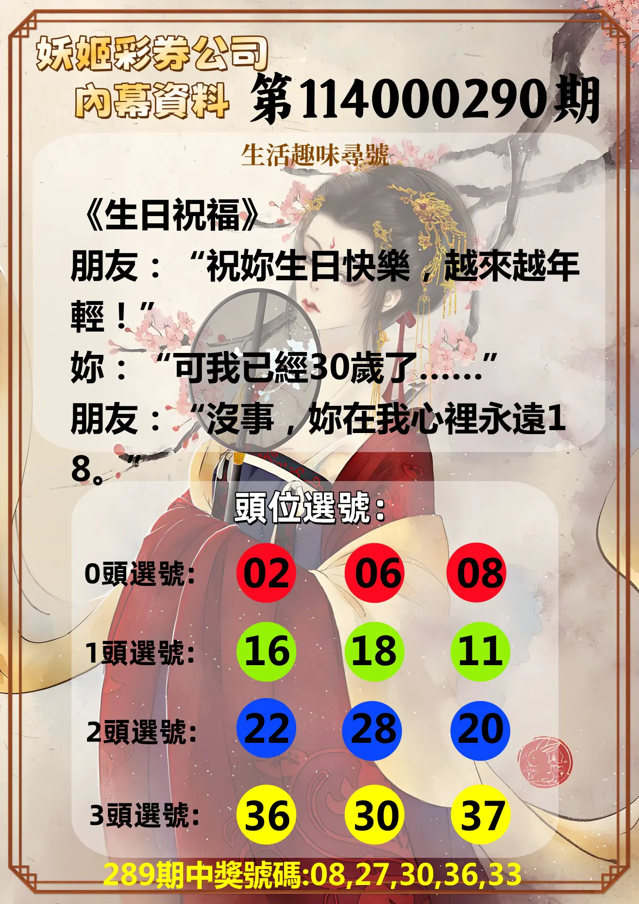 今彩539第114000290期(12/01)妖姬彩券公司內幕資料