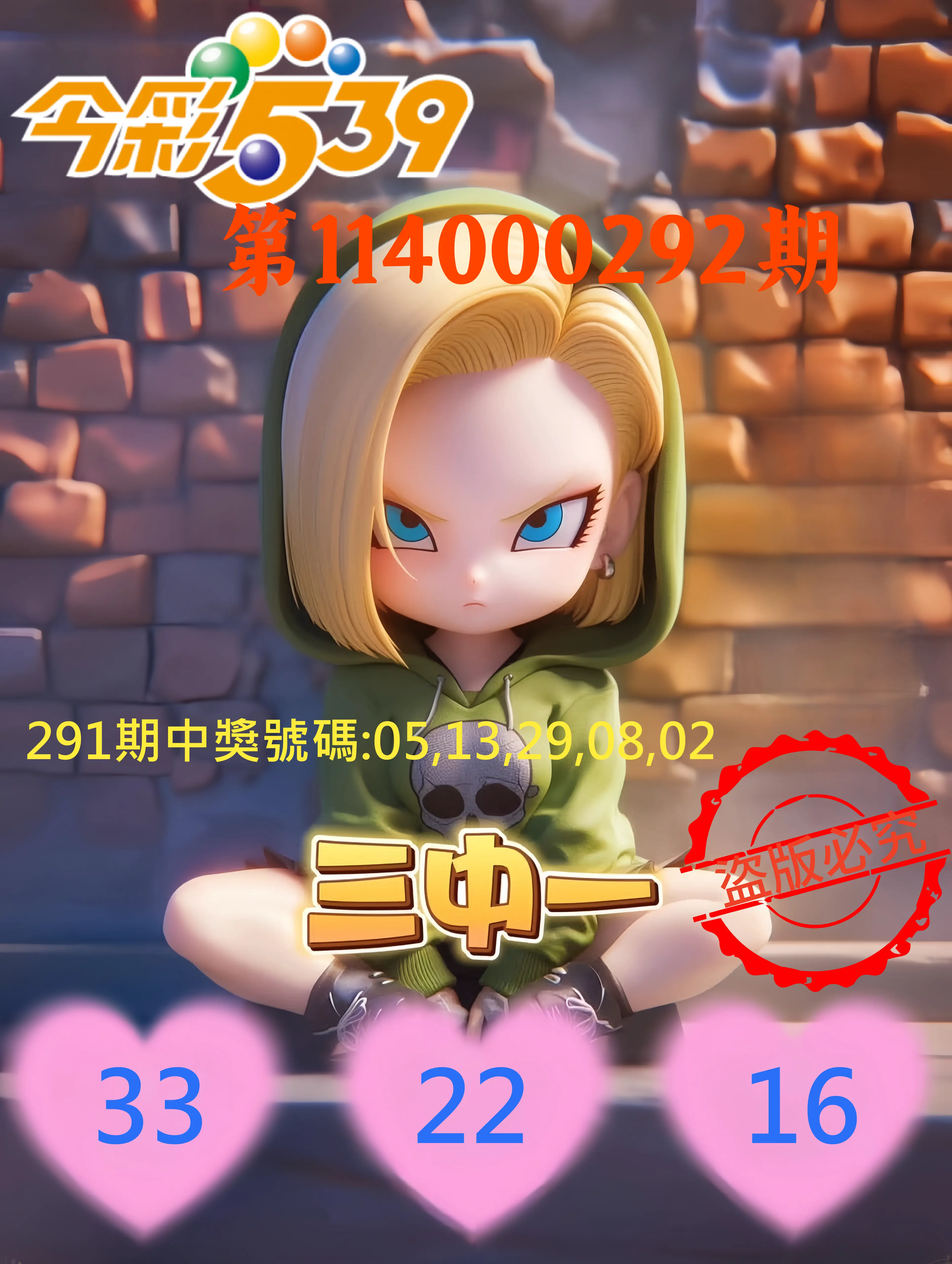 今彩539第114000292期(12/03)今彩539孫恩淑三中壹牌號