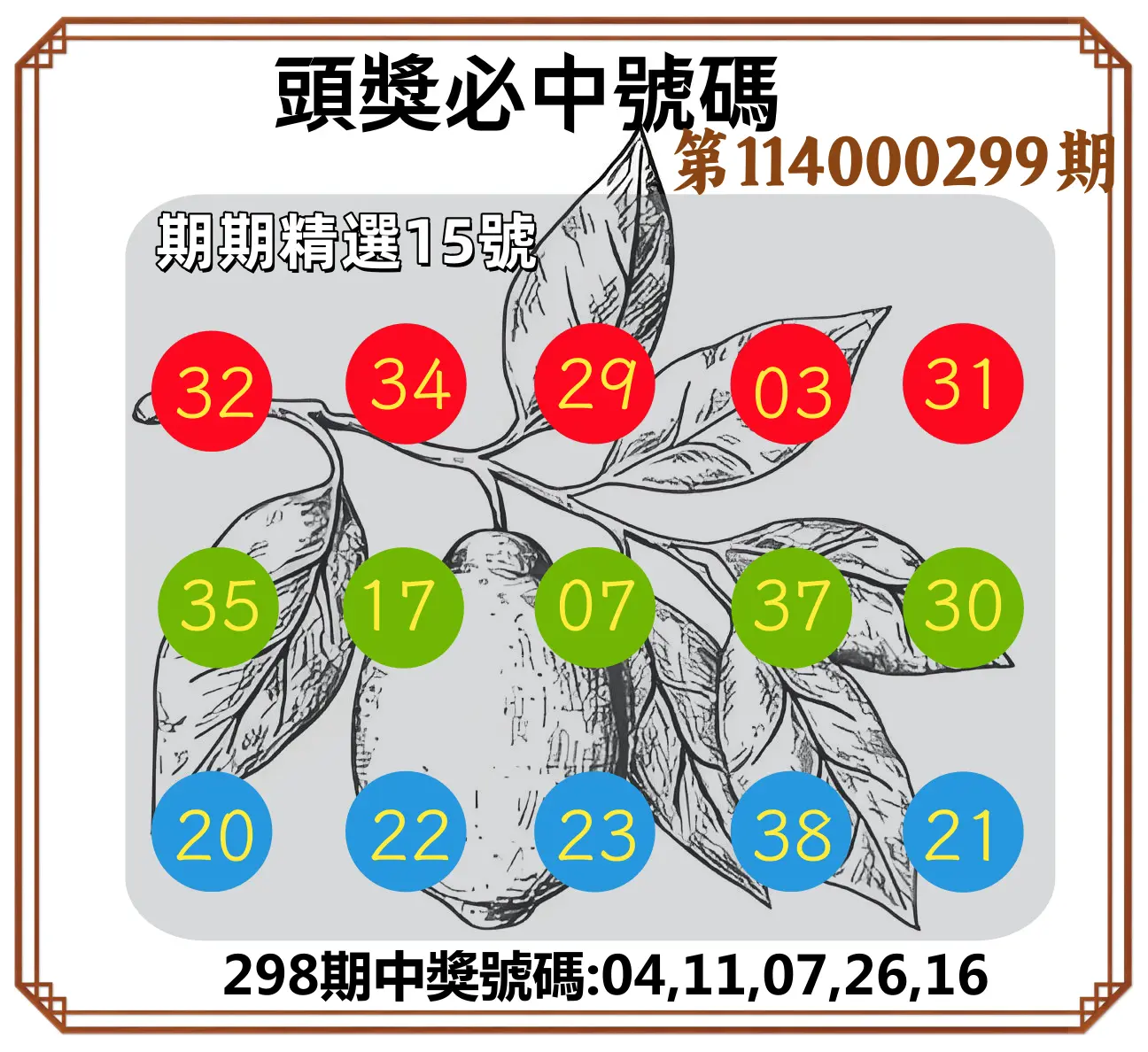 今彩539第114000299期(12/11)頭獎號碼