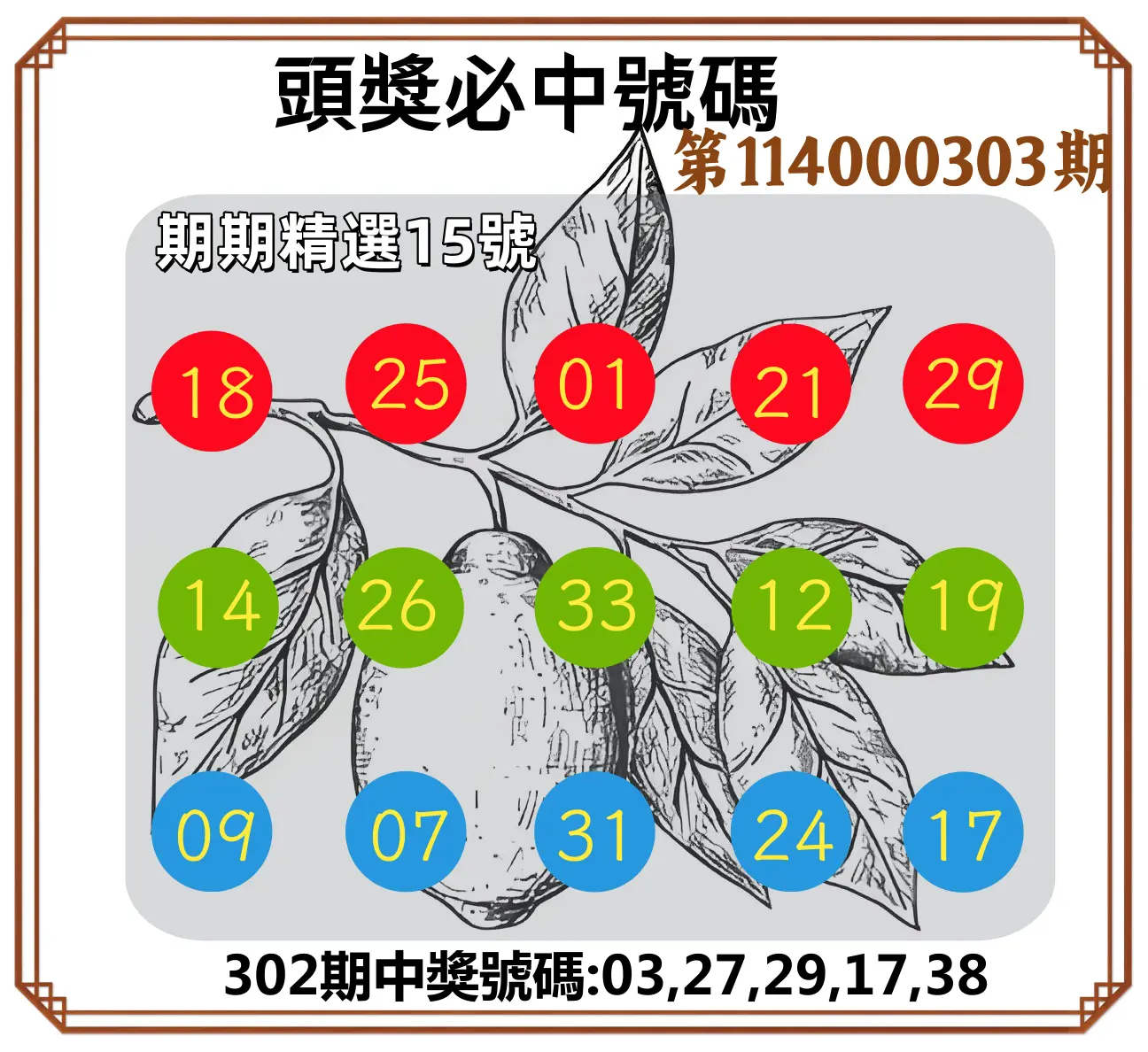 今彩539第114000303期(12/16)頭獎號碼