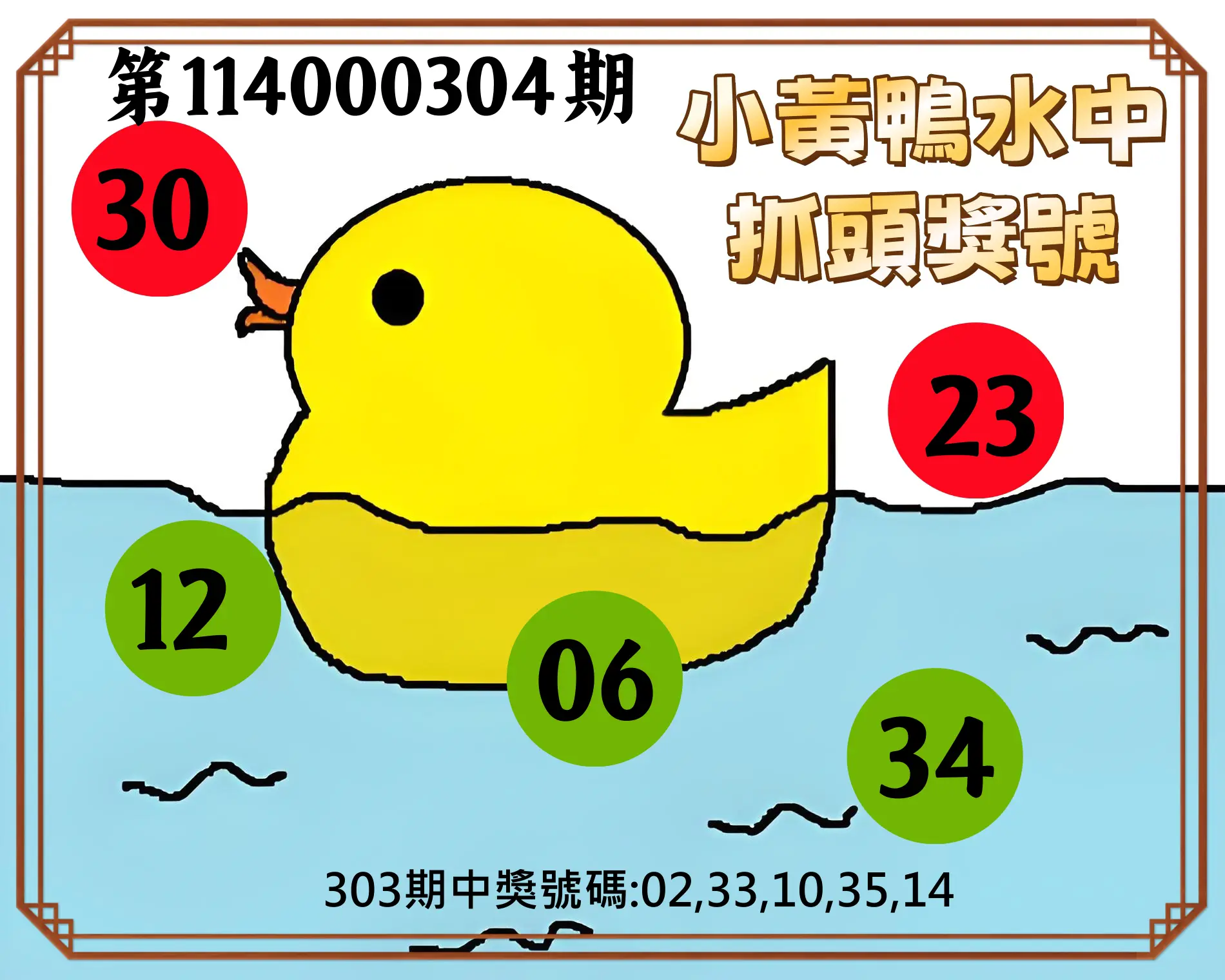 今彩539第114000304期(12/17)小黃鴨水中抓頭獎號