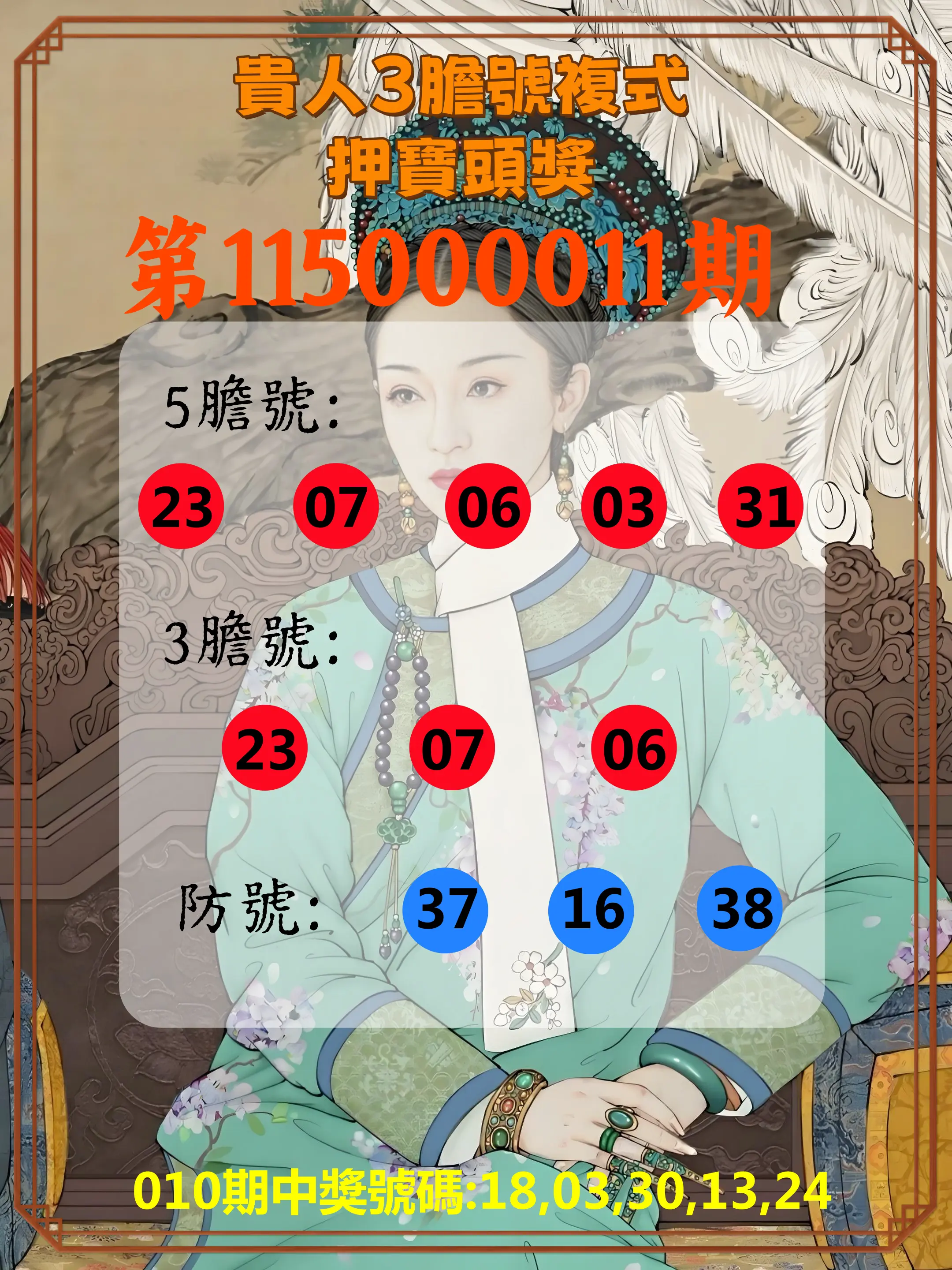 今彩539第115000011期(01/13)貴人3膽號複式押寶頭獎