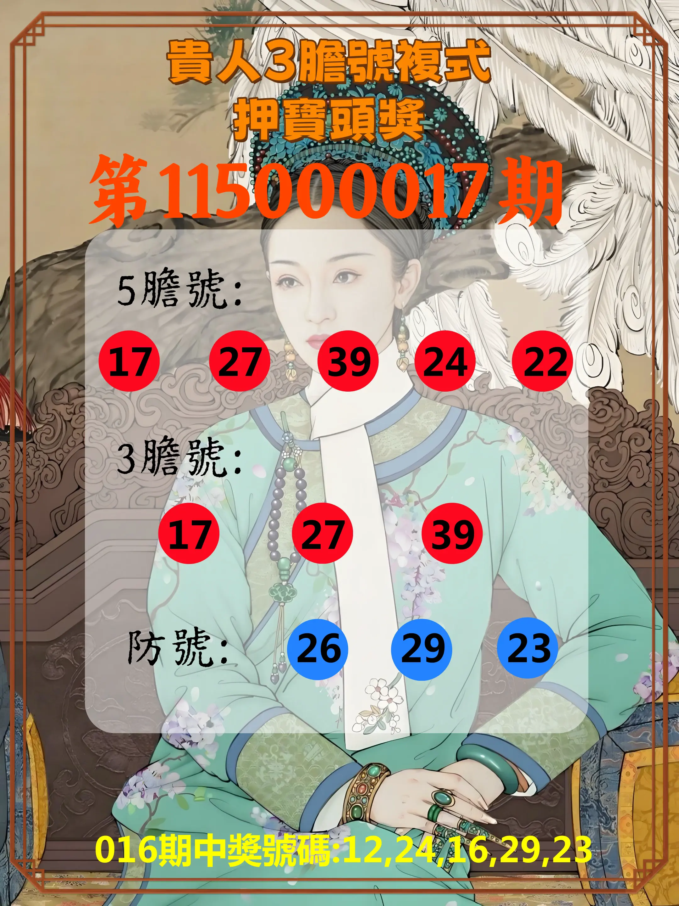 今彩539第115000017期(01/20)貴人3膽號複式押寶頭獎