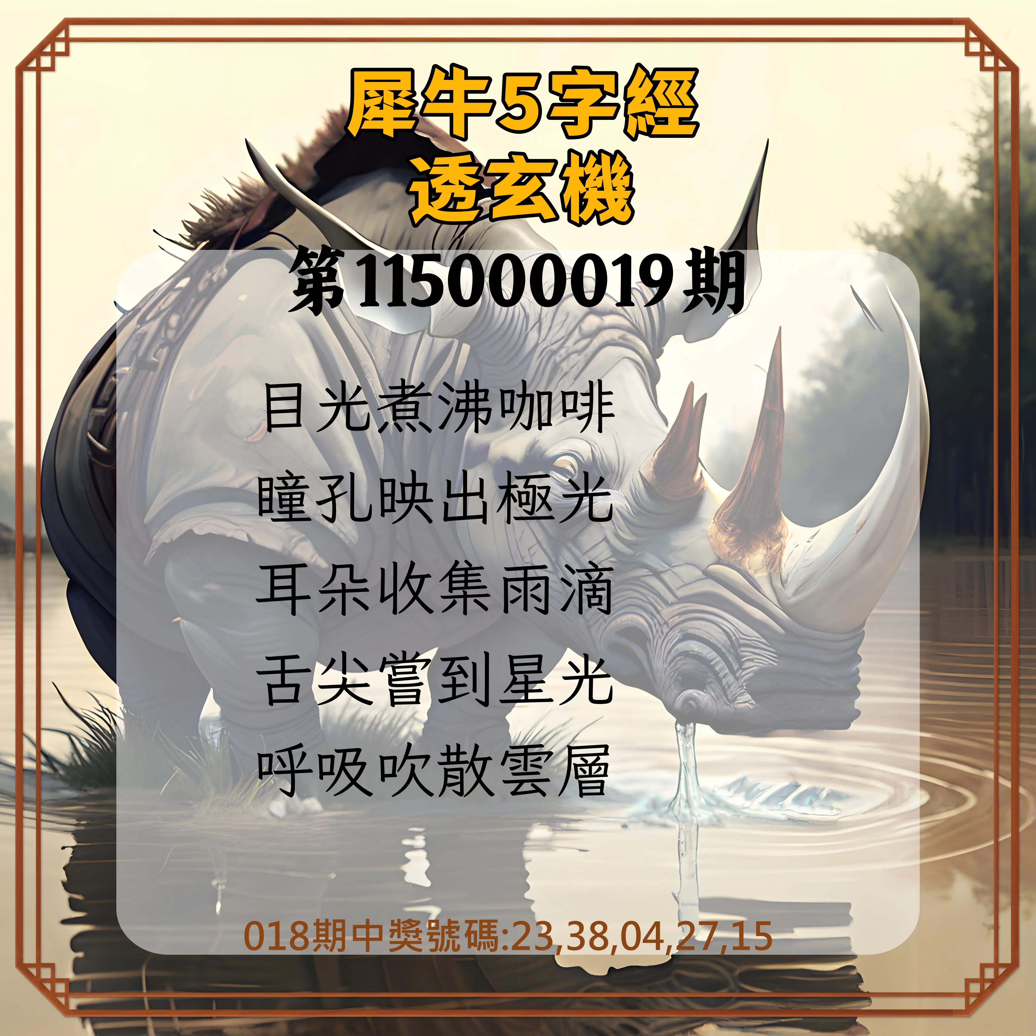 今彩539第115000019期(01/22)犀牛5字經透玄機