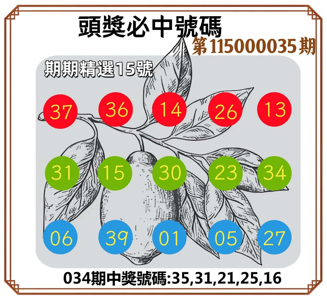 今彩539第115000035期(02/10)頭獎號碼