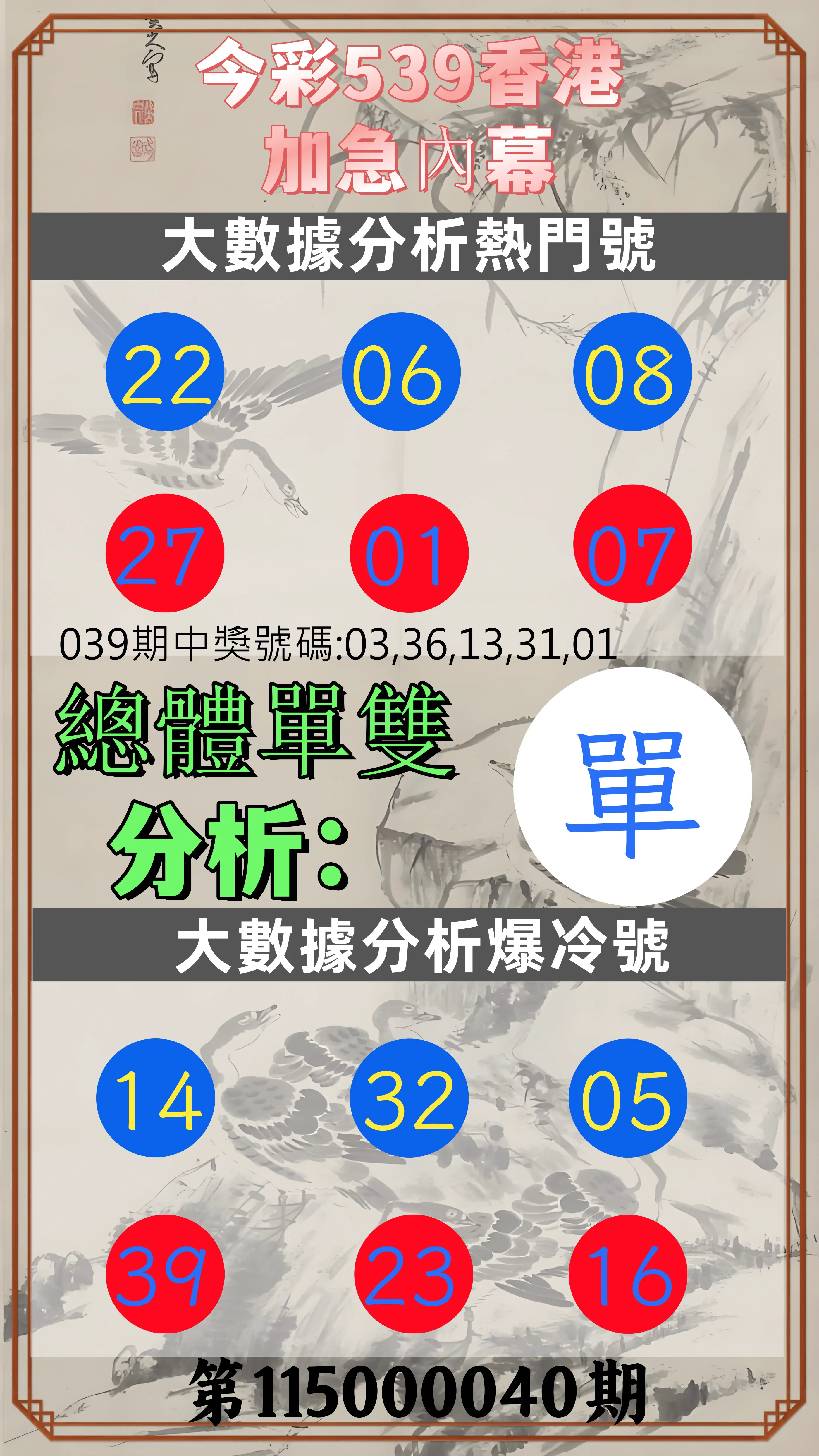 今彩539第115000040期(02/16)今彩539香港加急內幕