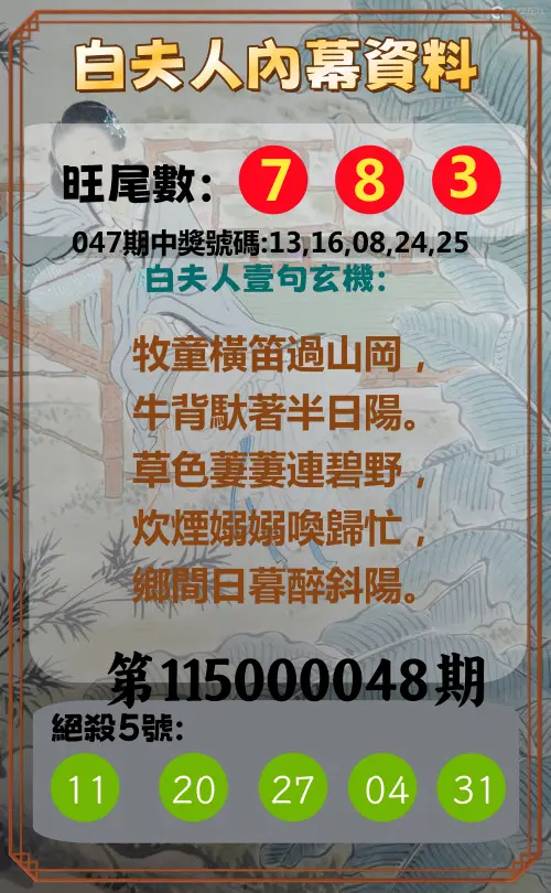 今彩539第115000048期(02/23)白夫人內幕資料