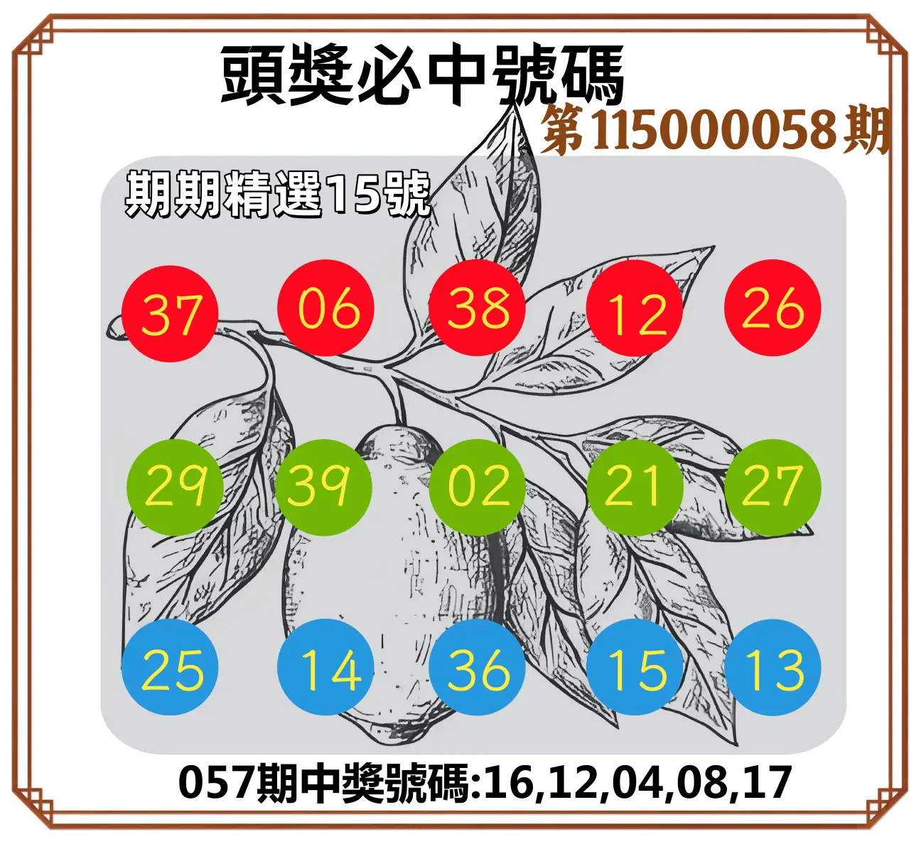 今彩539第115000058期(03/05)頭獎號碼