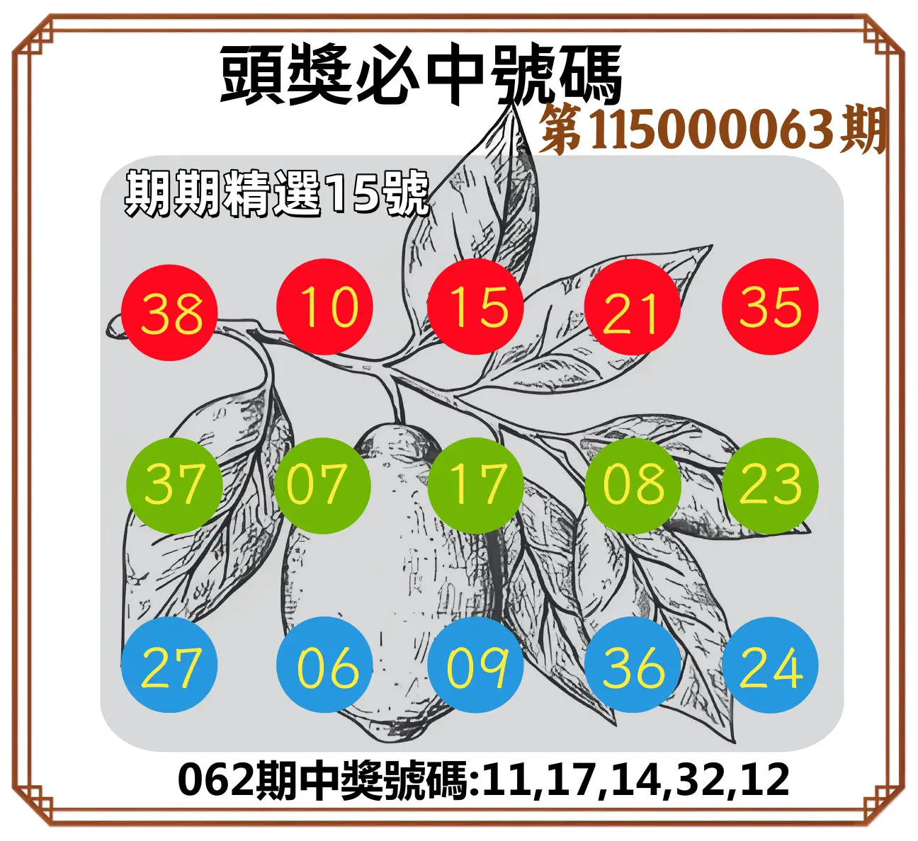 今彩539第115000063期(03/11)頭獎號碼
