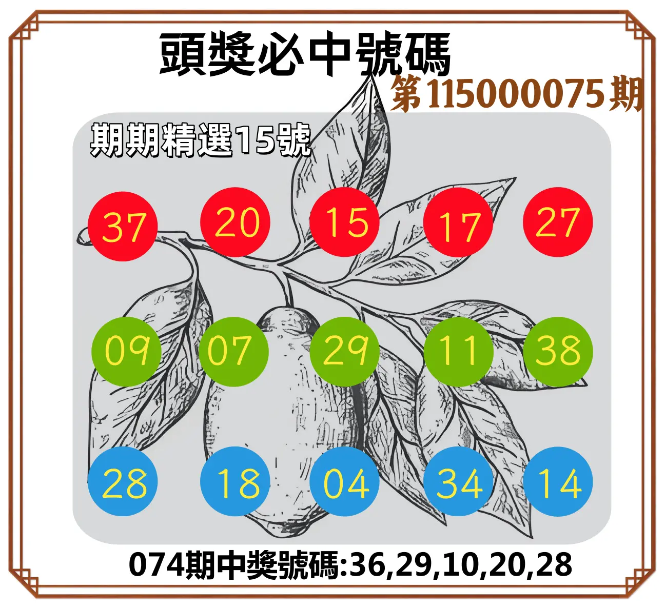 今彩539第115000075期(03/25)頭獎號碼