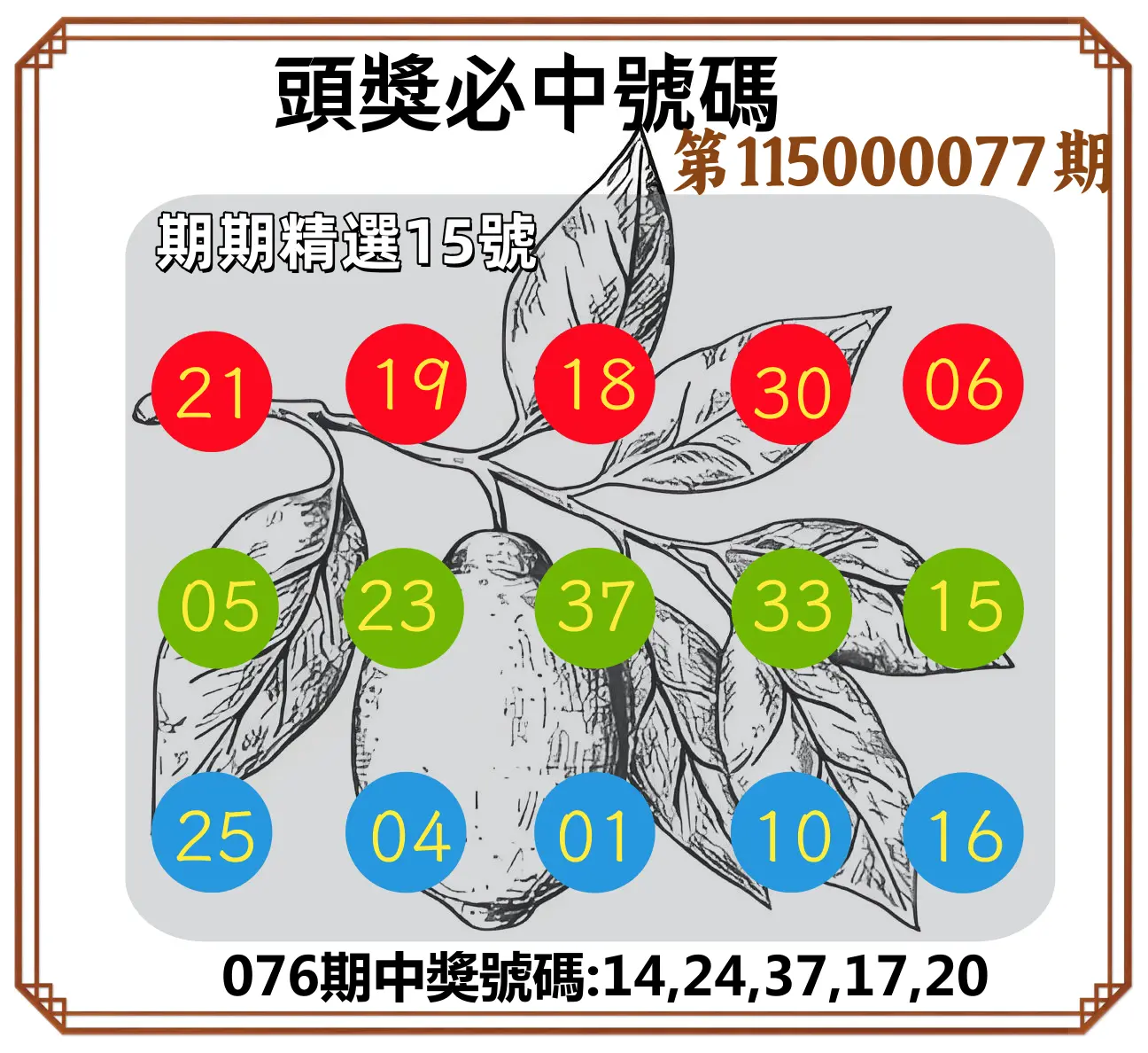今彩539第115000077期(03/27)頭獎號碼