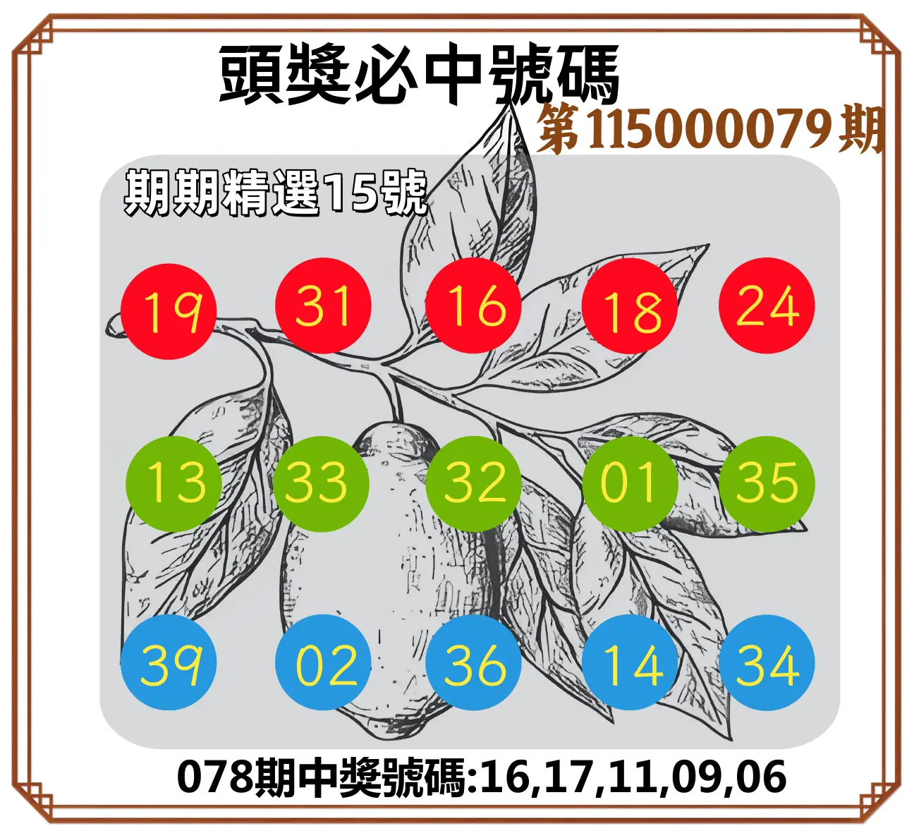 今彩539第115000079期(03/30)頭獎號碼