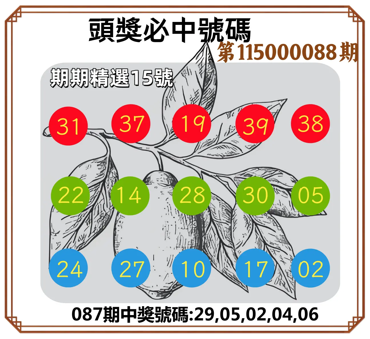 今彩539第115000088期(04/09)頭獎號碼