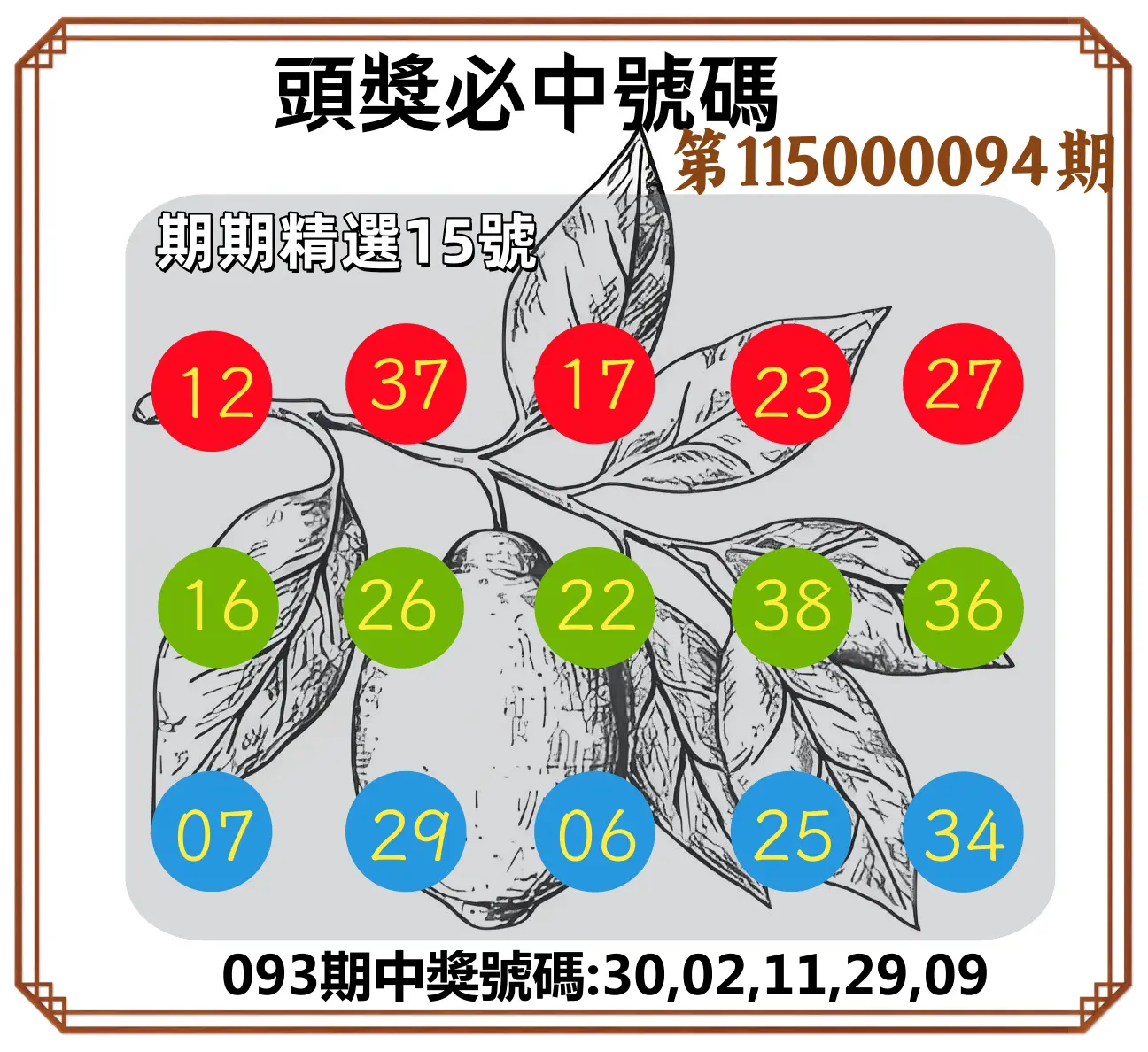 今彩539第115000094期(04/16)頭獎號碼