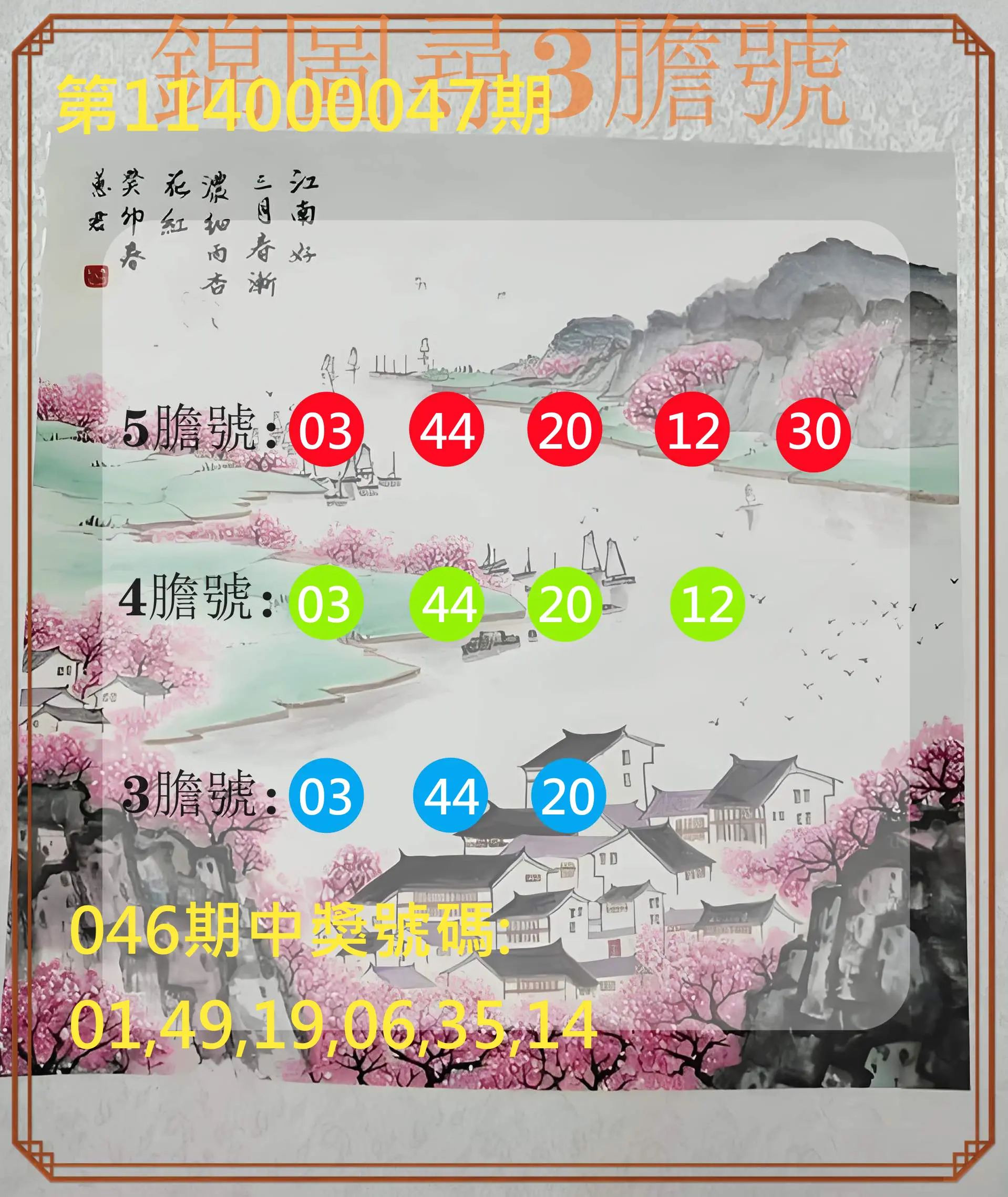 大樂透第114000047期錦圖尋3膽號