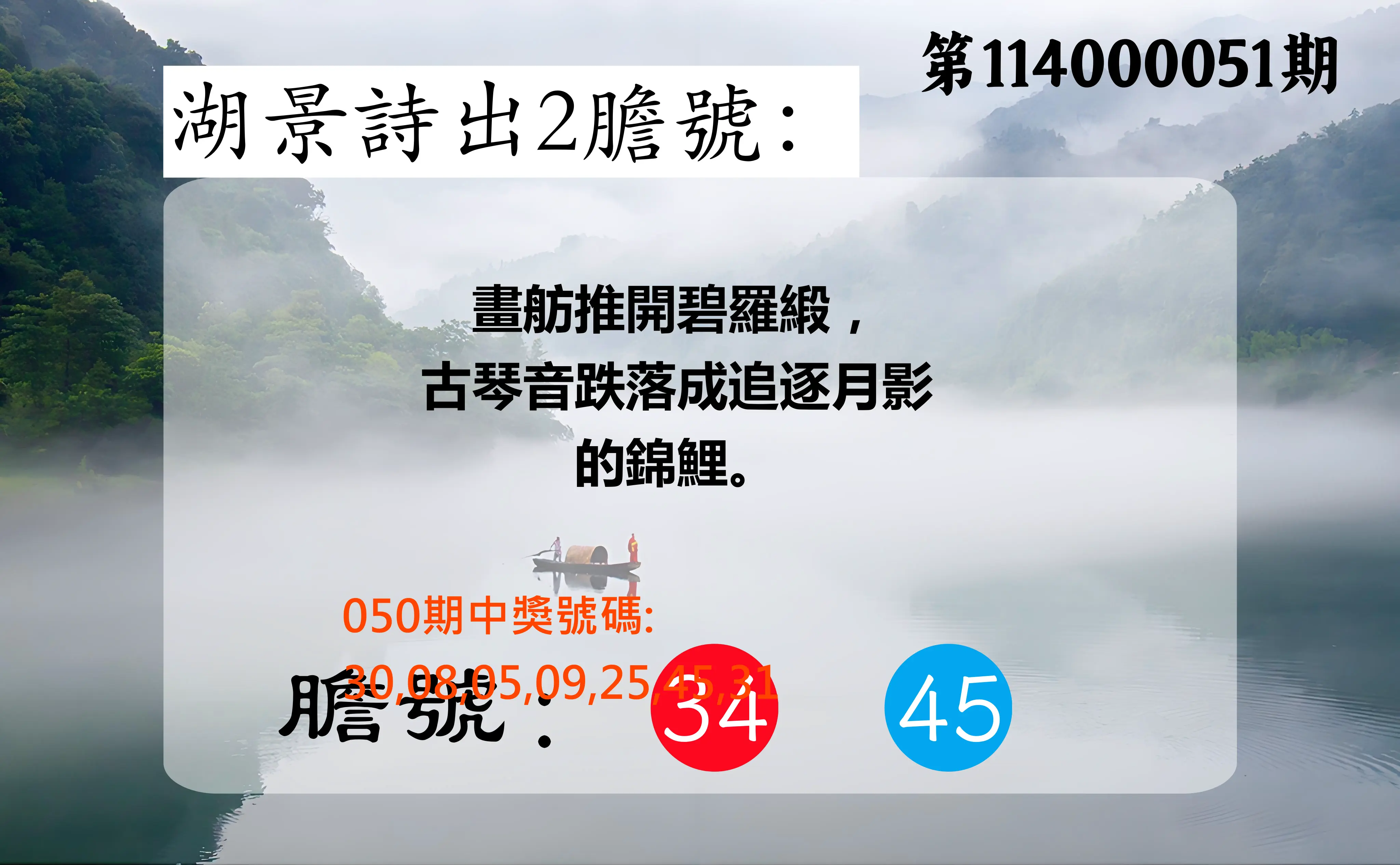 大樂透第114000051期湖景詩出2膽號