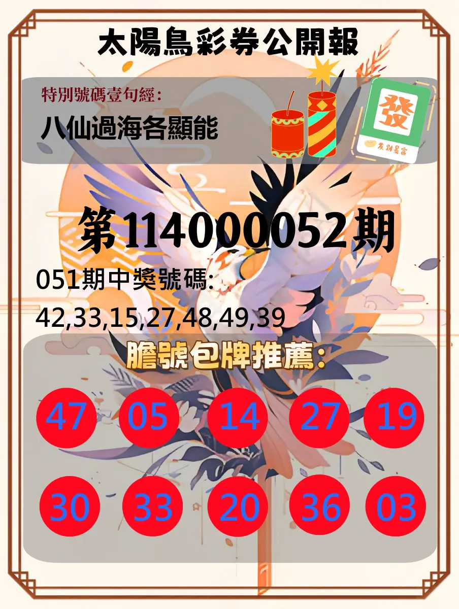大樂透第114000052期太陽鳥彩券公開報