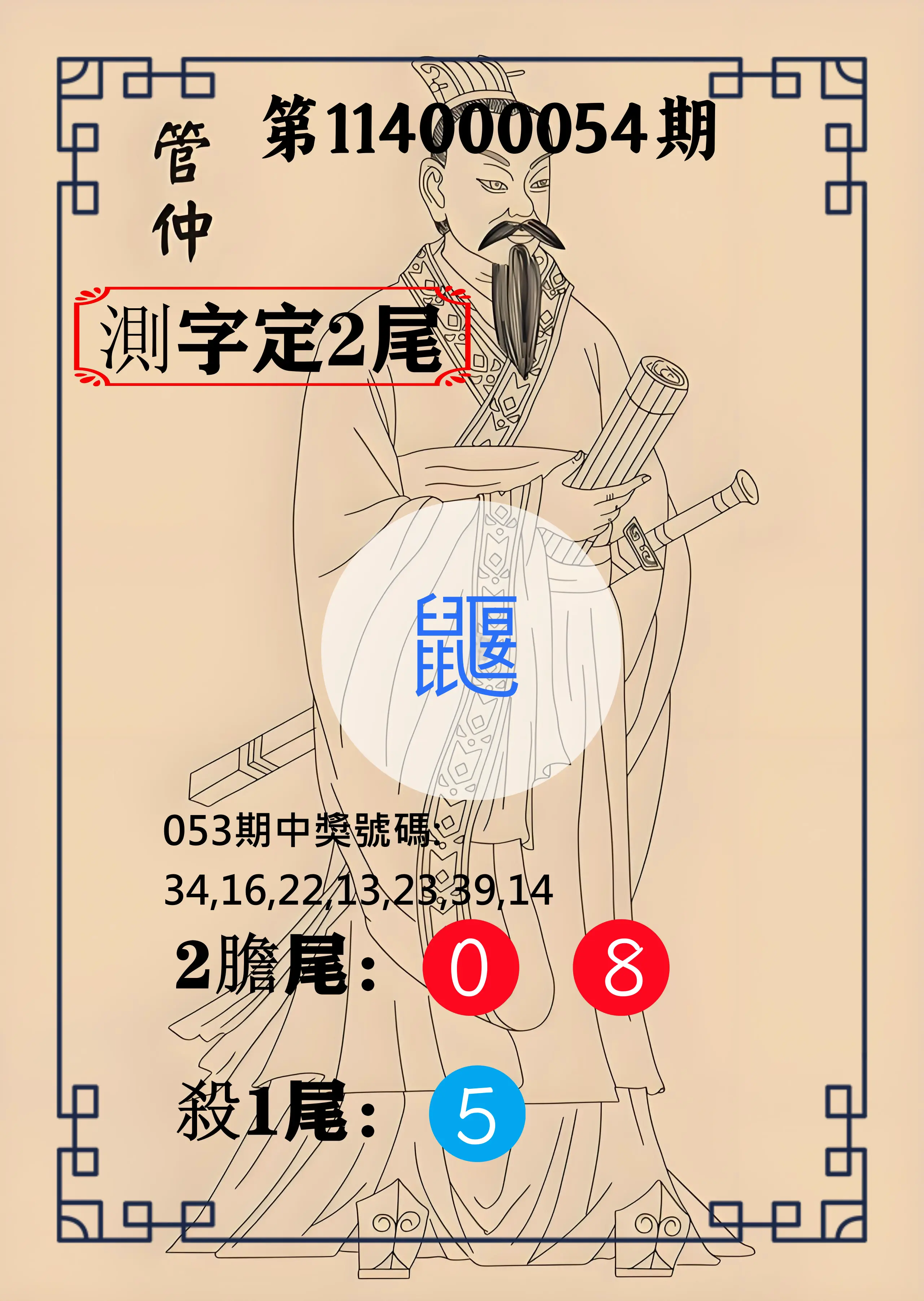 大樂透第114000054期管仲測字定2尾