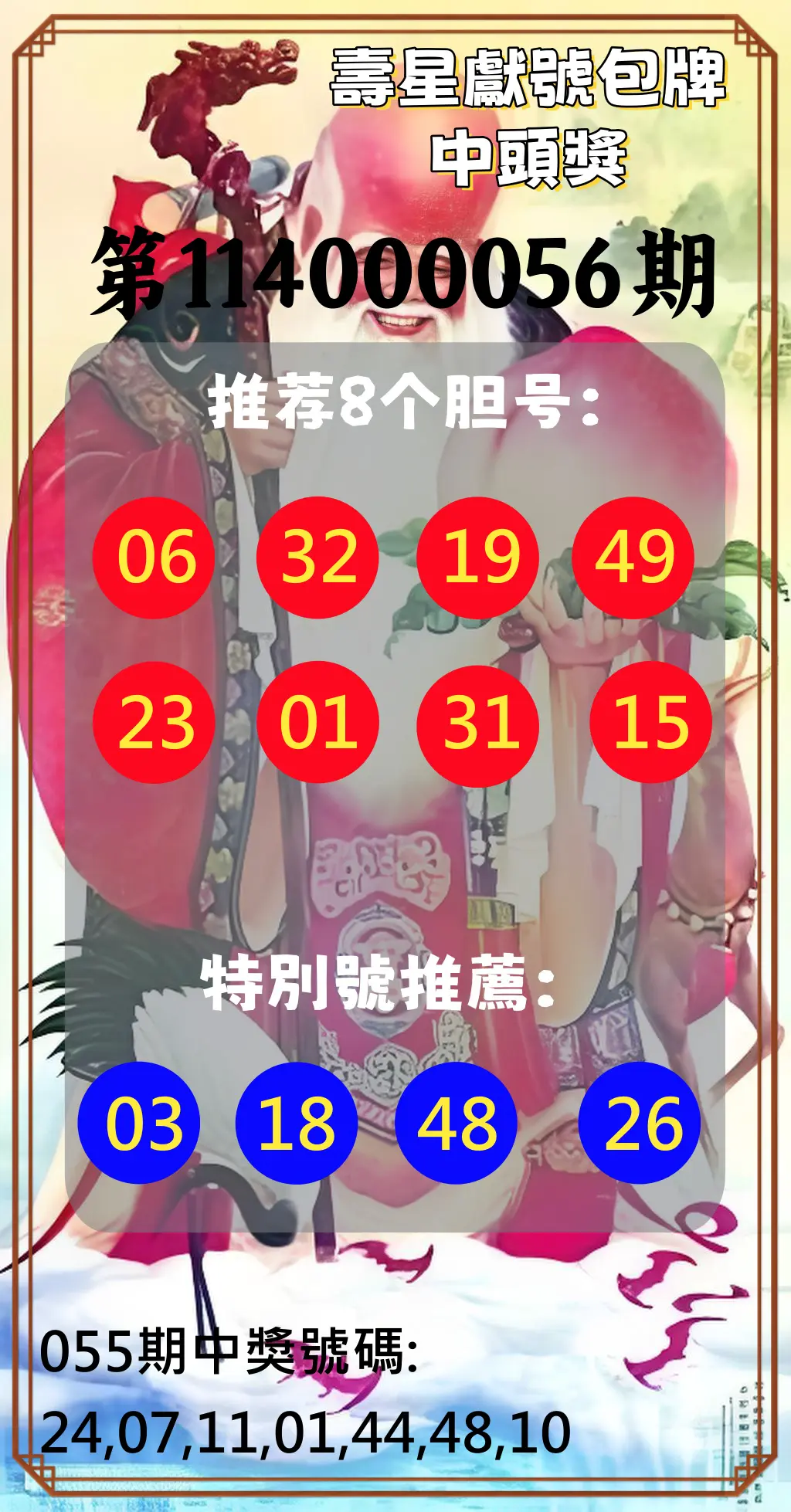 大樂透第114000056期壽星獻號包牌中頭獎