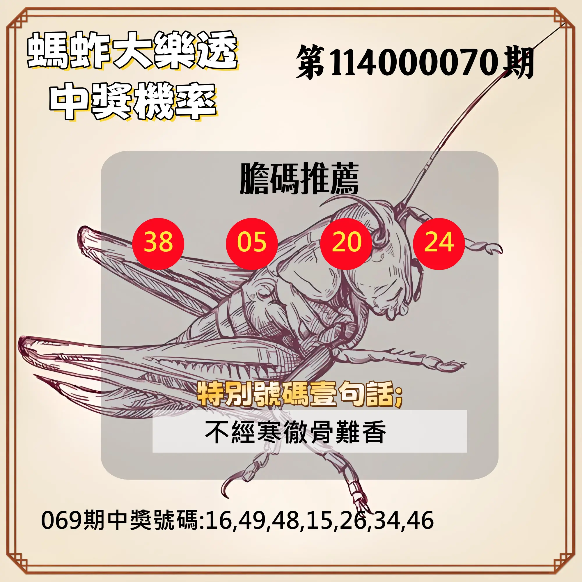 大樂透第114000070期(07/15)螞蚱大樂透中獎機率