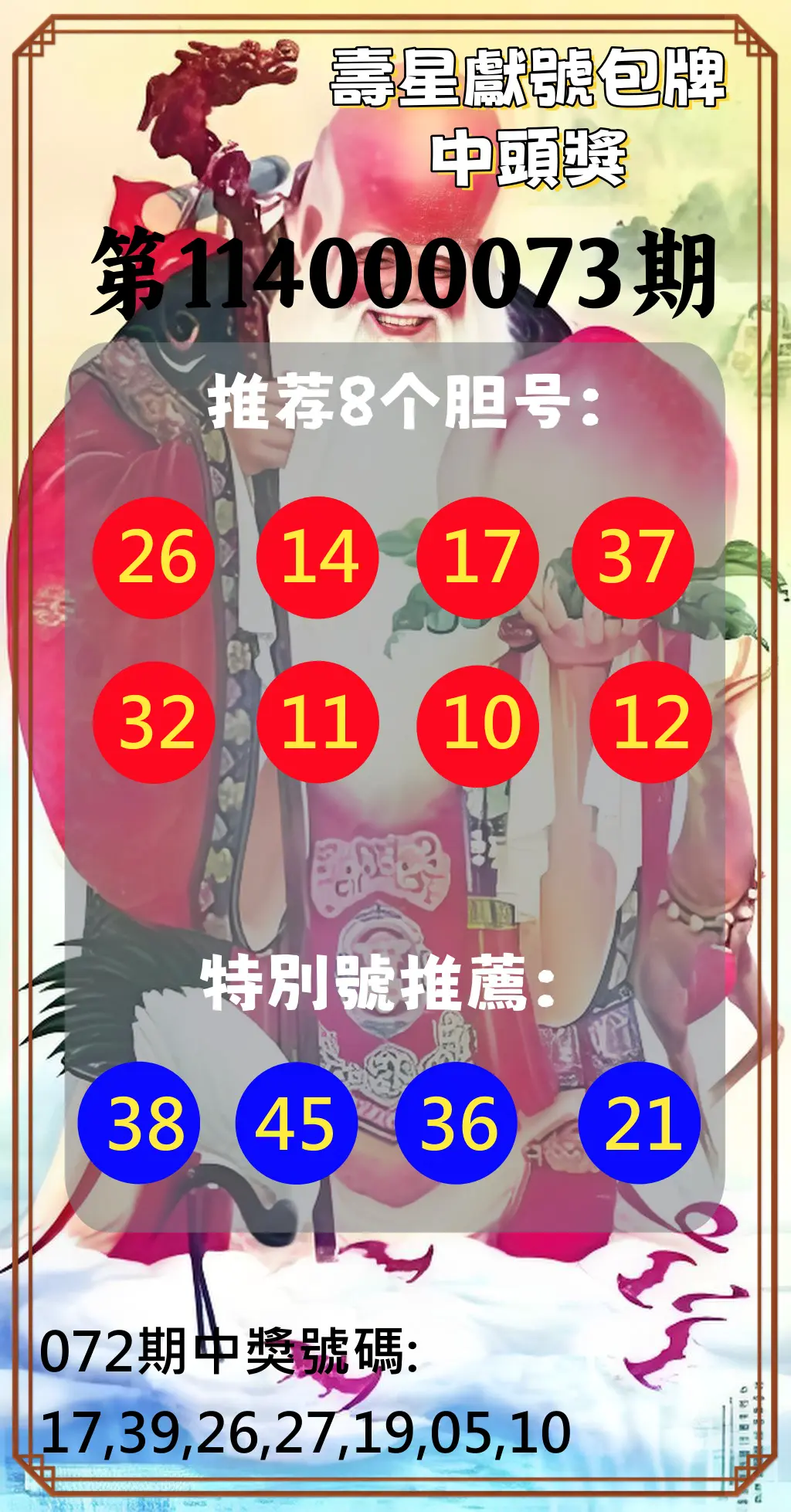 大樂透第114000073期(07/25)壽星獻號包牌中頭獎