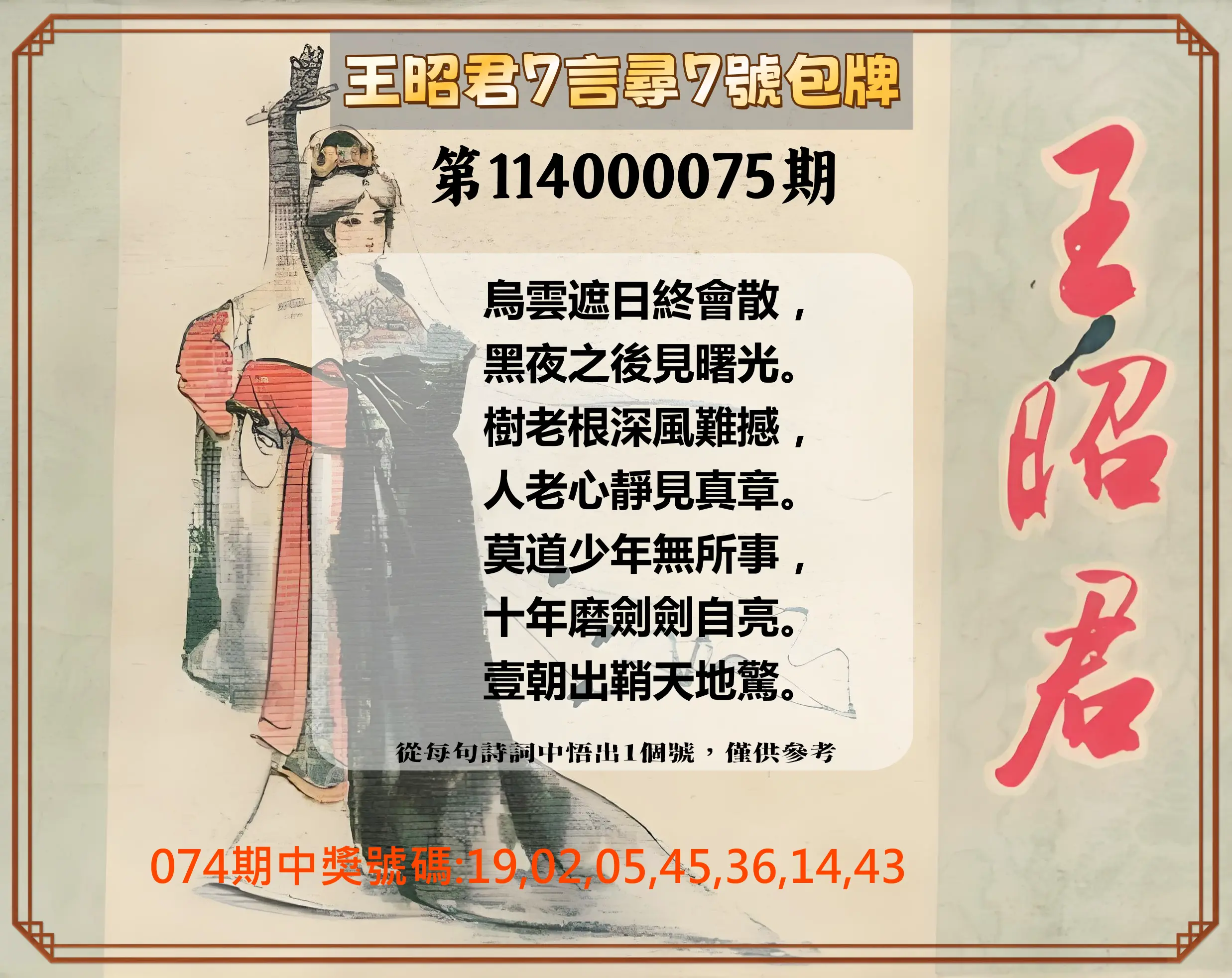 大樂透第114000075期(08/01)王昭君7言尋7號包牌