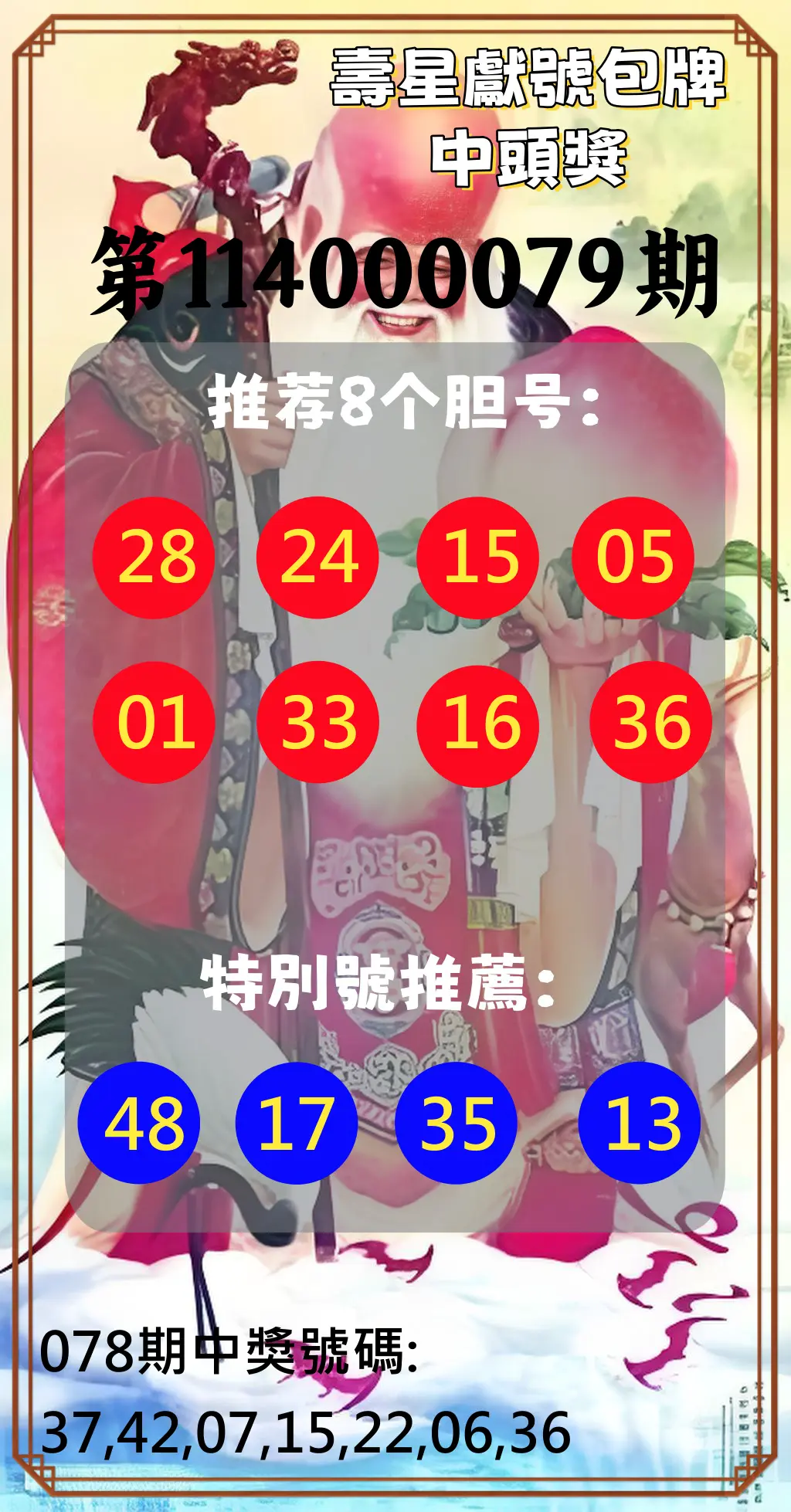 大樂透第114000079期(08/15)壽星獻號包牌中頭獎