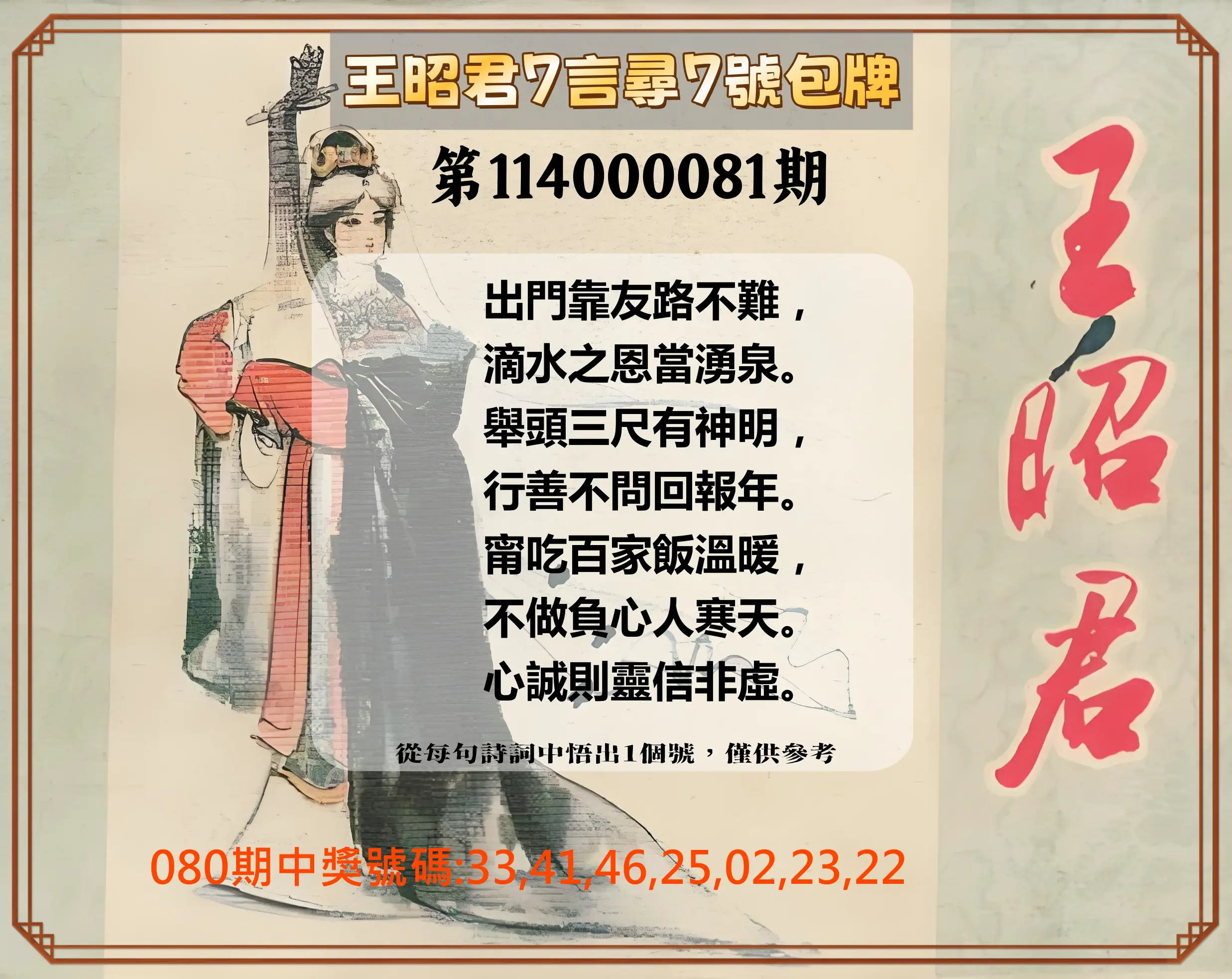 大樂透第114000081期(08/22)王昭君7言尋7號包牌