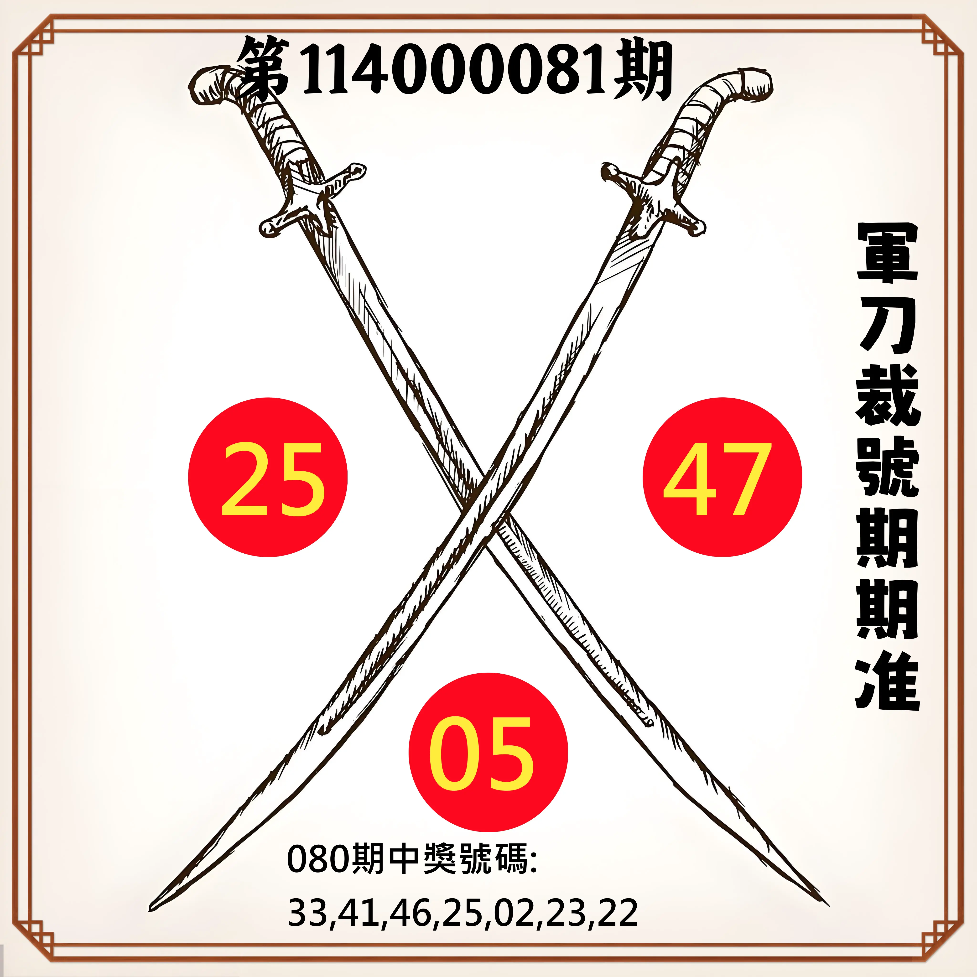 大樂透第114000081期(08/22)軍刀裁號期期准