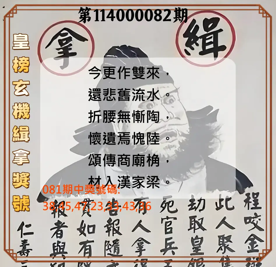 大樂透第114000082期(08/29)皇榜玄機緝拿獎號