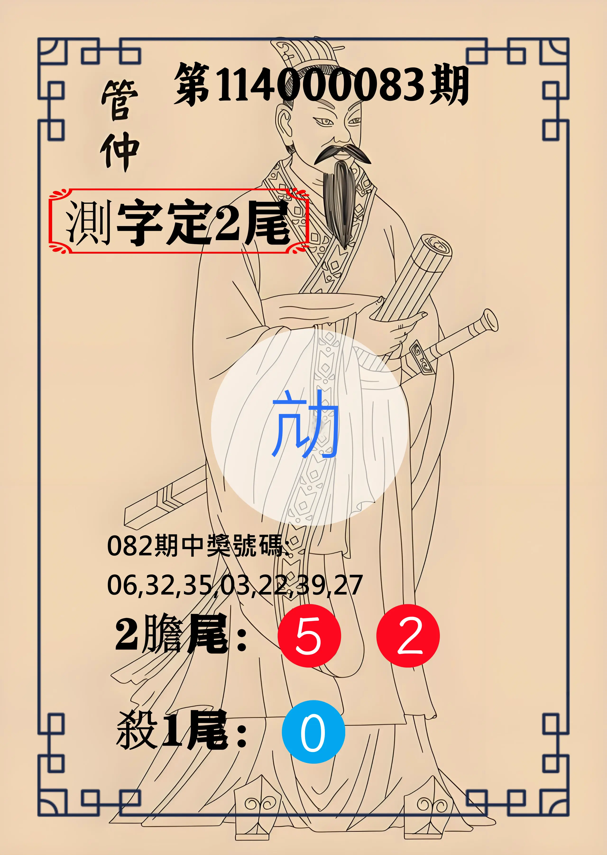 大樂透第114000083期(08/29)管仲測字定2尾